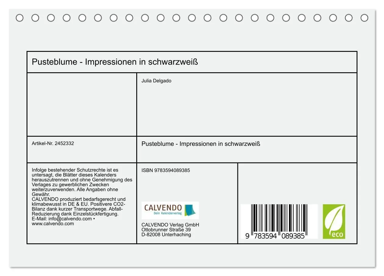 Bild: 9783594089385 | Pusteblume - Impressionen in schwarzweiß (Tischkalender 2027 DIN A5...