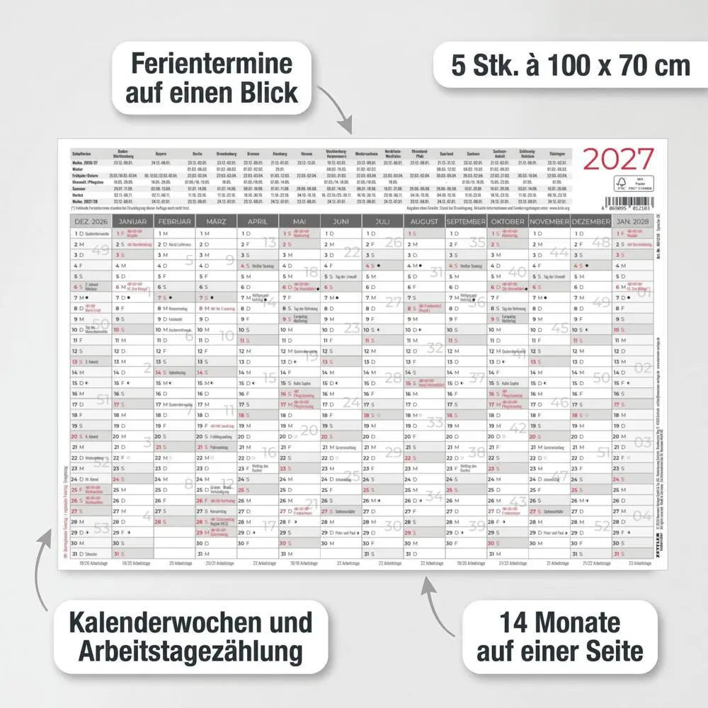 Bild: 4069095019485 | ZETTLER Großer Wandplaner 14 Monate 5 Stk. gerollt 2027 | Kalender