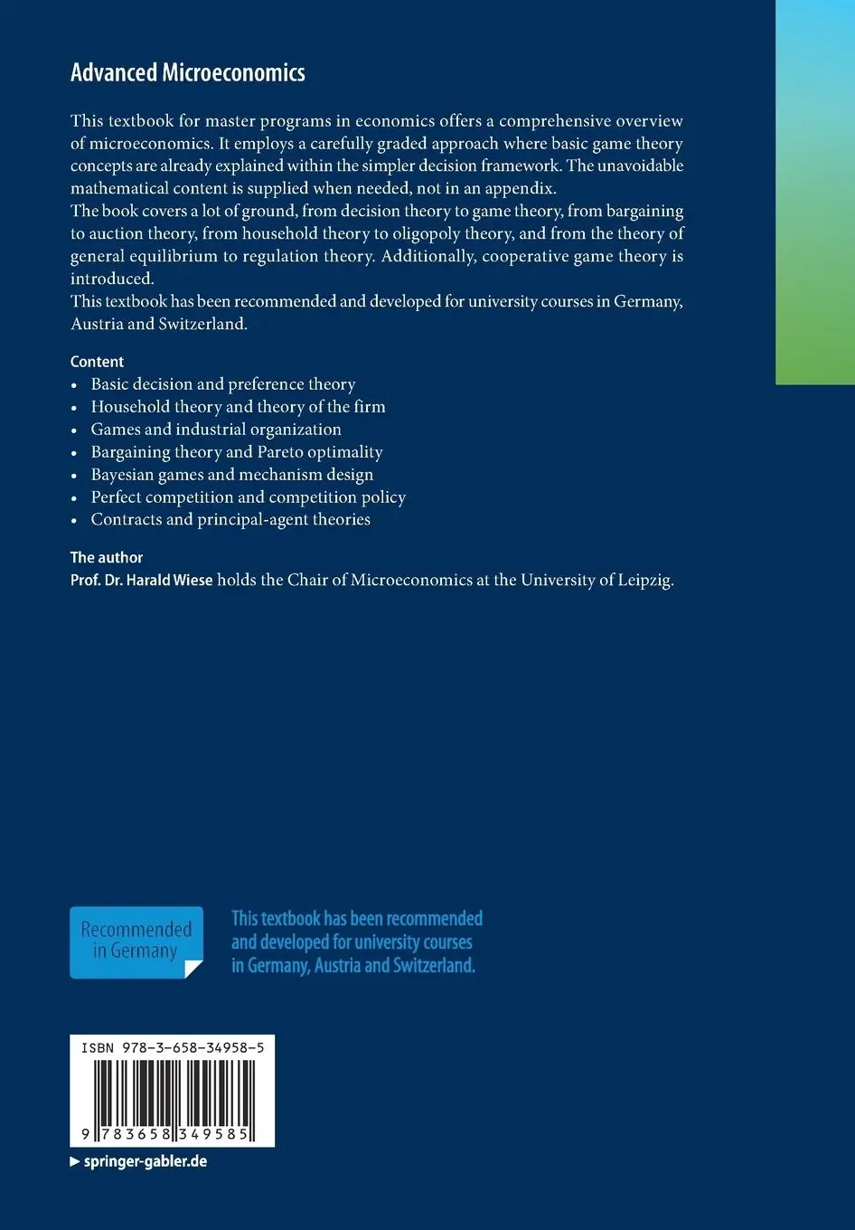 Rückseite: 9783658349585 | Advanced Microeconomics | Harald Wiese | Taschenbuch | xv | Englisch