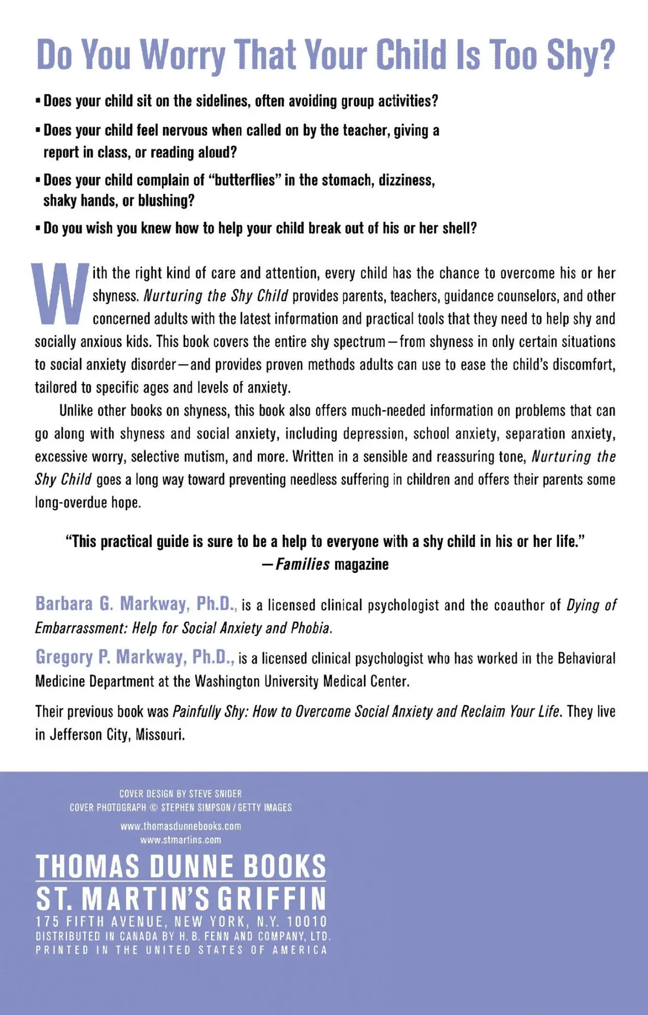 Rückseite: 9780312329785 | Nurturing the Shy Child | Barbara Markway (u. a.) | Taschenbuch | 2000