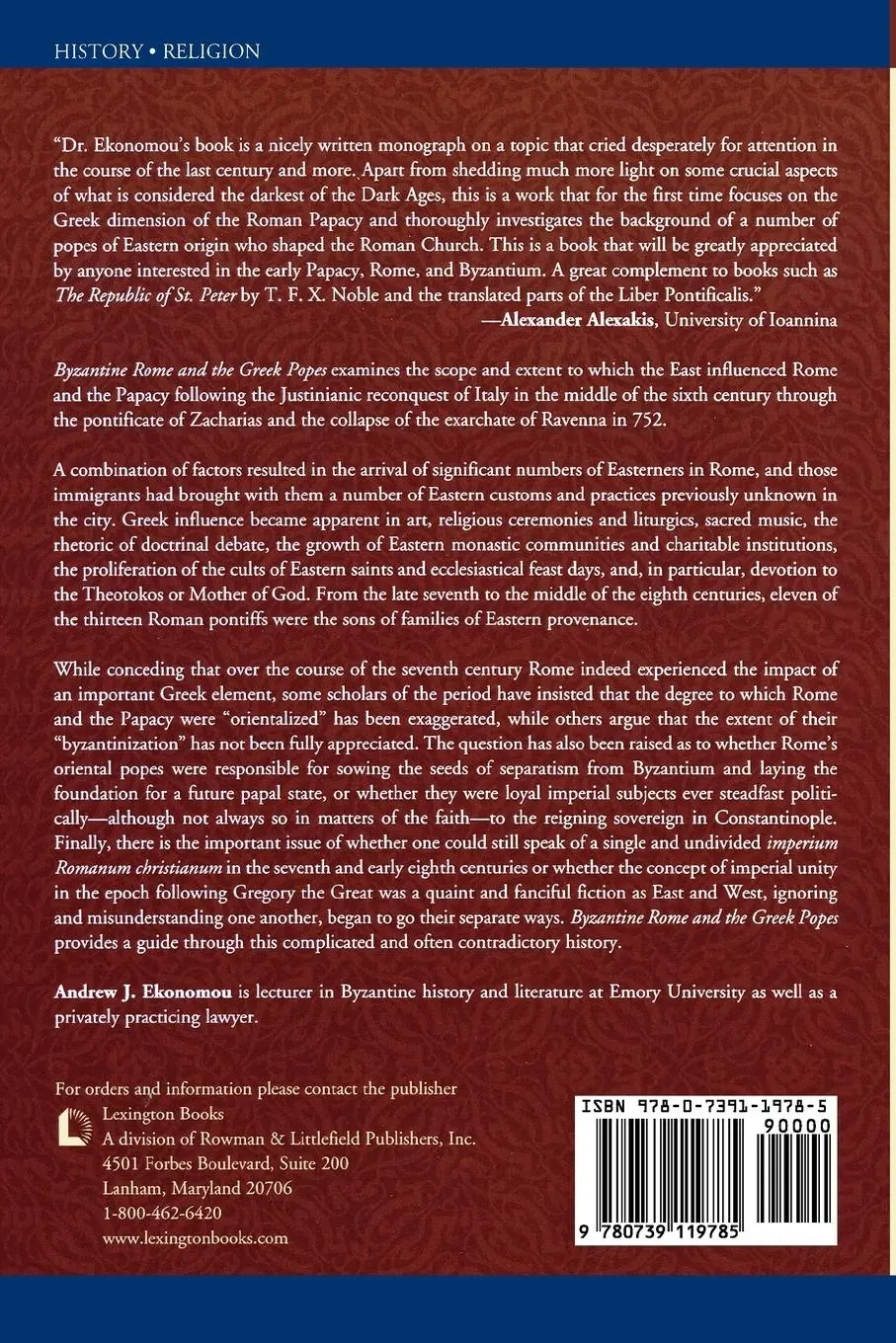 Rückseite: 9780739119785 | Byzantine Rome and the Greek Popes | Andrew J. Ekonomou | Taschenbuch