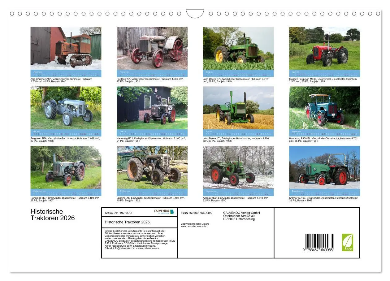Bild: 9783457649985 | Historische Traktoren 2026 (Wandkalender 2026 DIN A3 quer),...