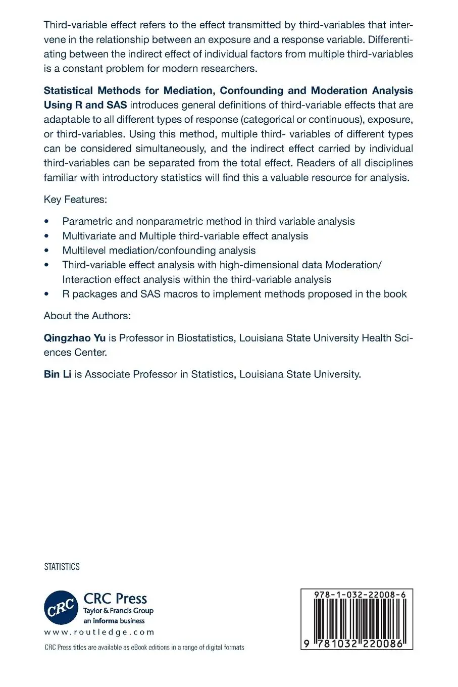 Rückseite: 9781032220086 | Statistical Methods for Mediation, Confounding and Moderation...