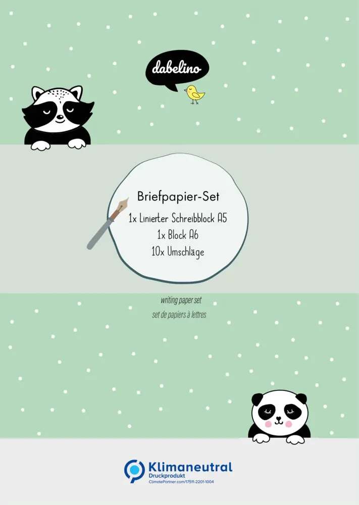 Liniertes Briefpapier-Set für Kinder: Tiere (Panda + Waschbär, für Mädchen und Jungen, grün)