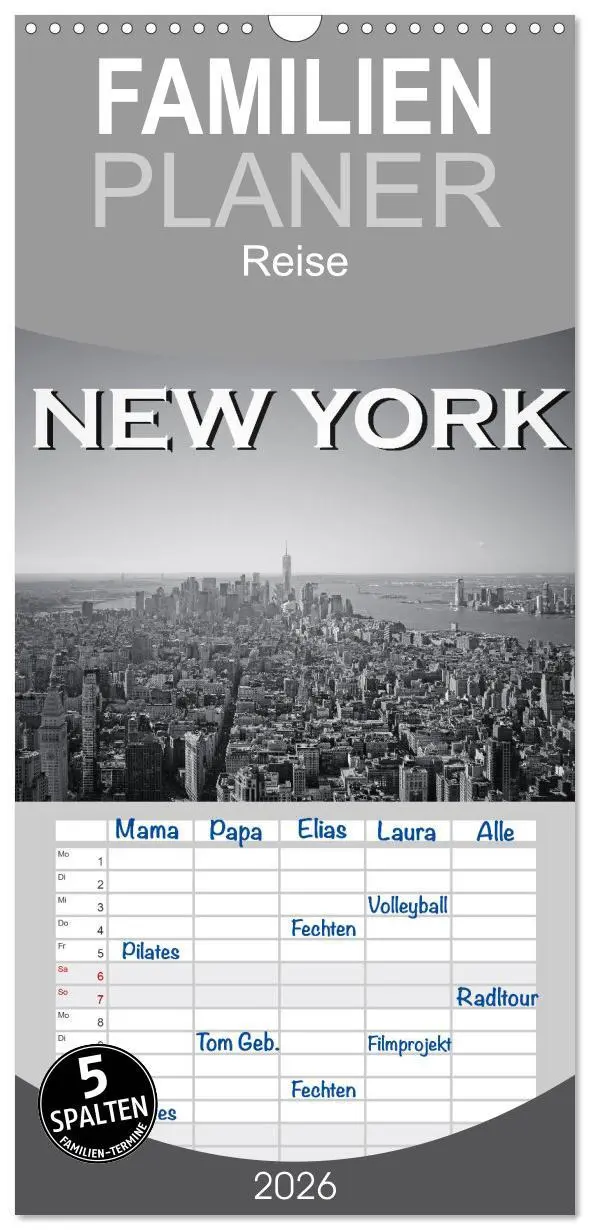 Cover: 9783516520286 | Familienplaner 2026 - New York in schwarz weiss mit 5 Spalten...