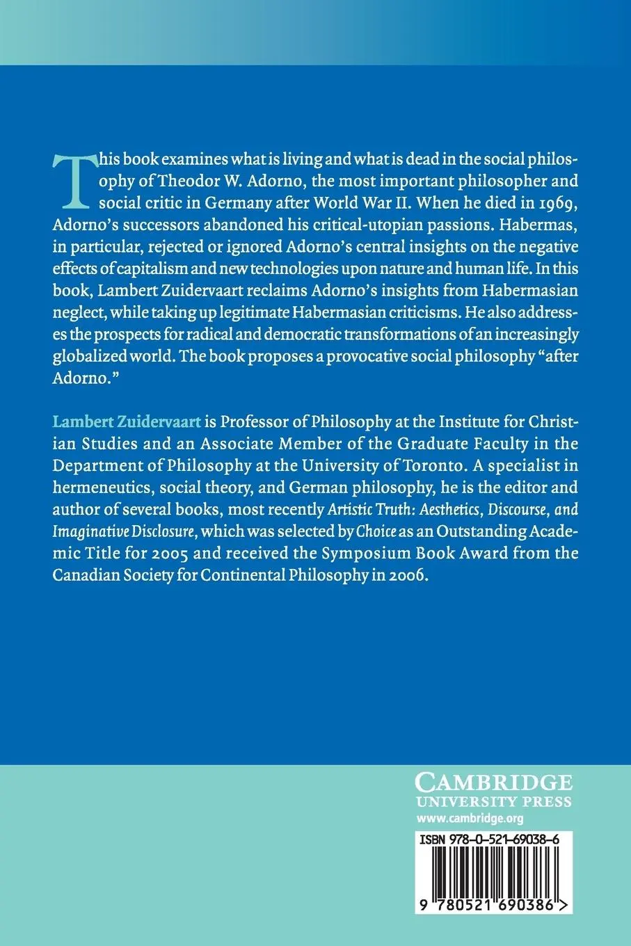 Rückseite: 9780521690386 | Social Philosophy after Adorno | Lambert Zuidervaart | Taschenbuch