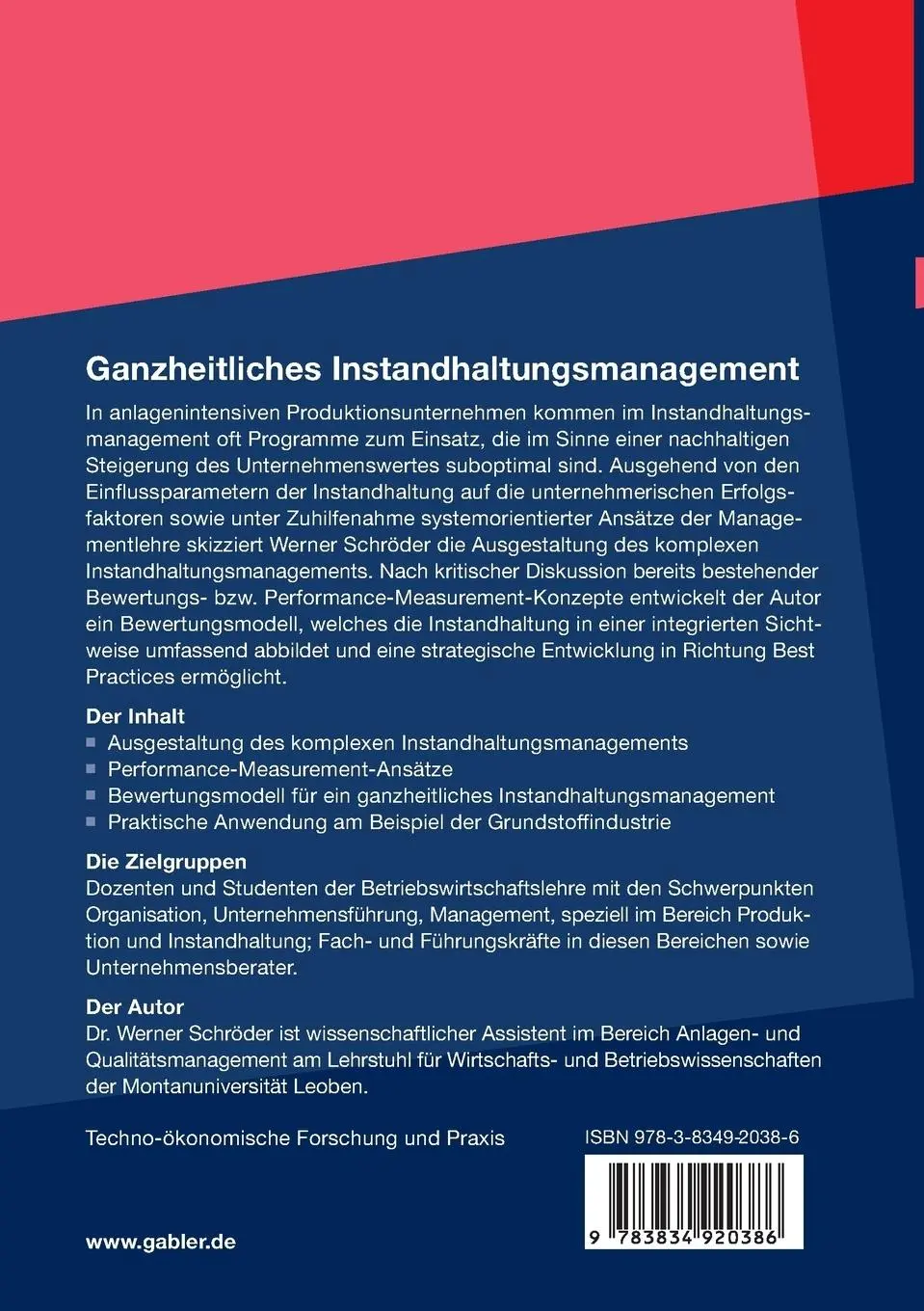 Rückseite: 9783834920386 | Ganzheitliches Instandhaltungsmanagement | Werner Schröder | Buch