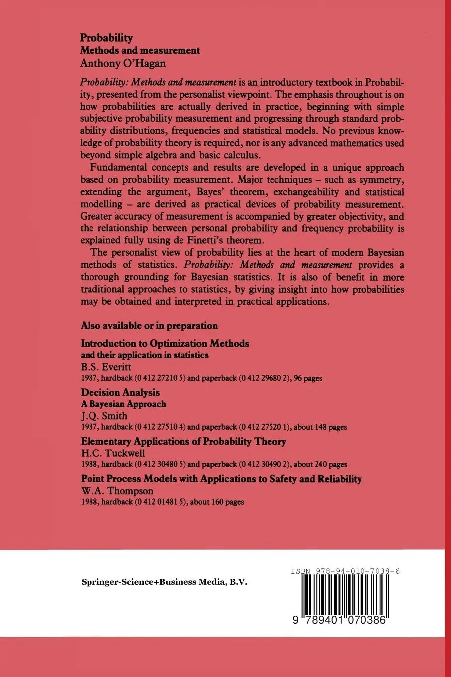 Rückseite: 9789401070386 | Probability | Methods and measurement | Anthony O Hagan | Taschenbuch