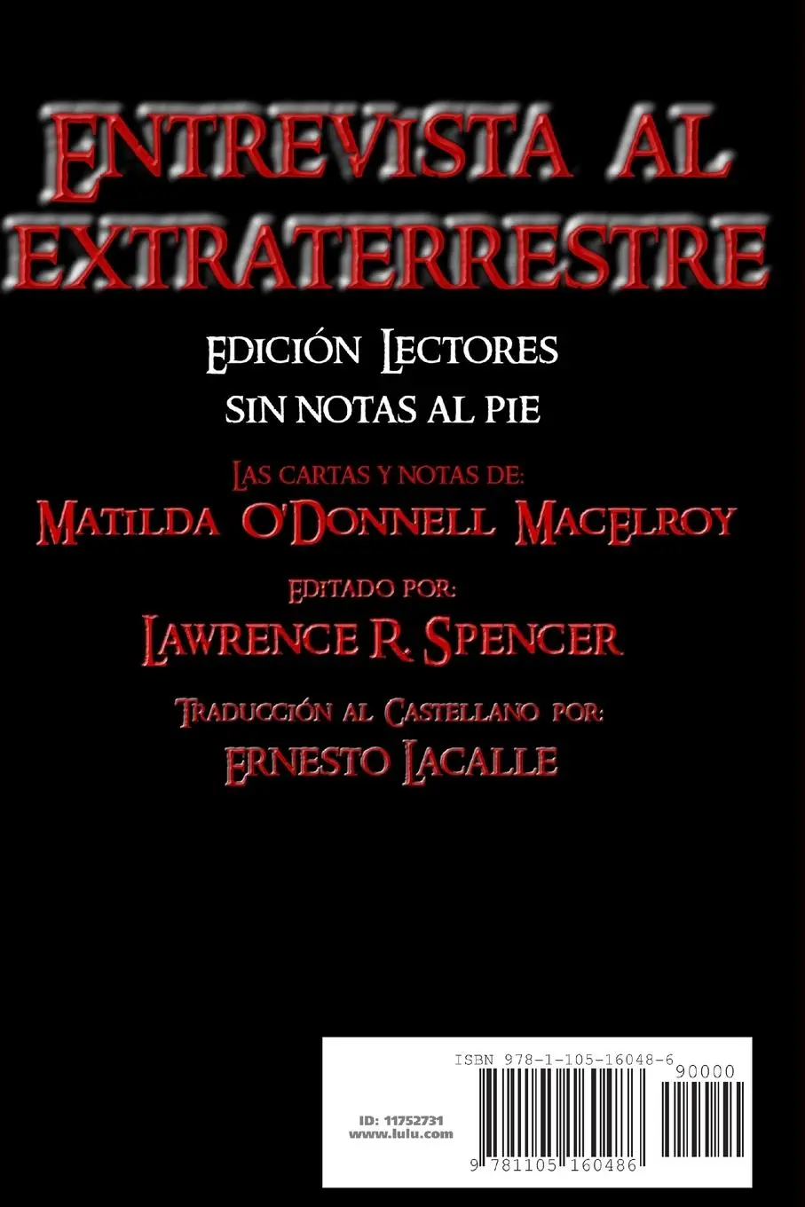 Rückseite: 9781105160486 | ENTREVISTA AL EXTRATERRESTRE (Sin las notas al pie) | Spencer | Buch
