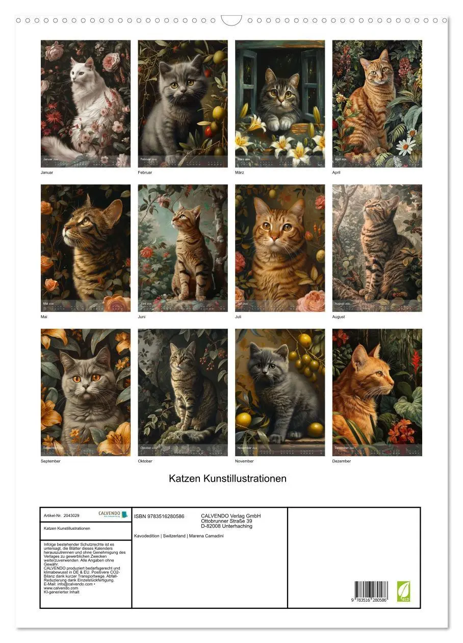Bild: 9783516280586 | Katzen Kunstillustrationen (Wandkalender 2026 DIN A2 hoch),...