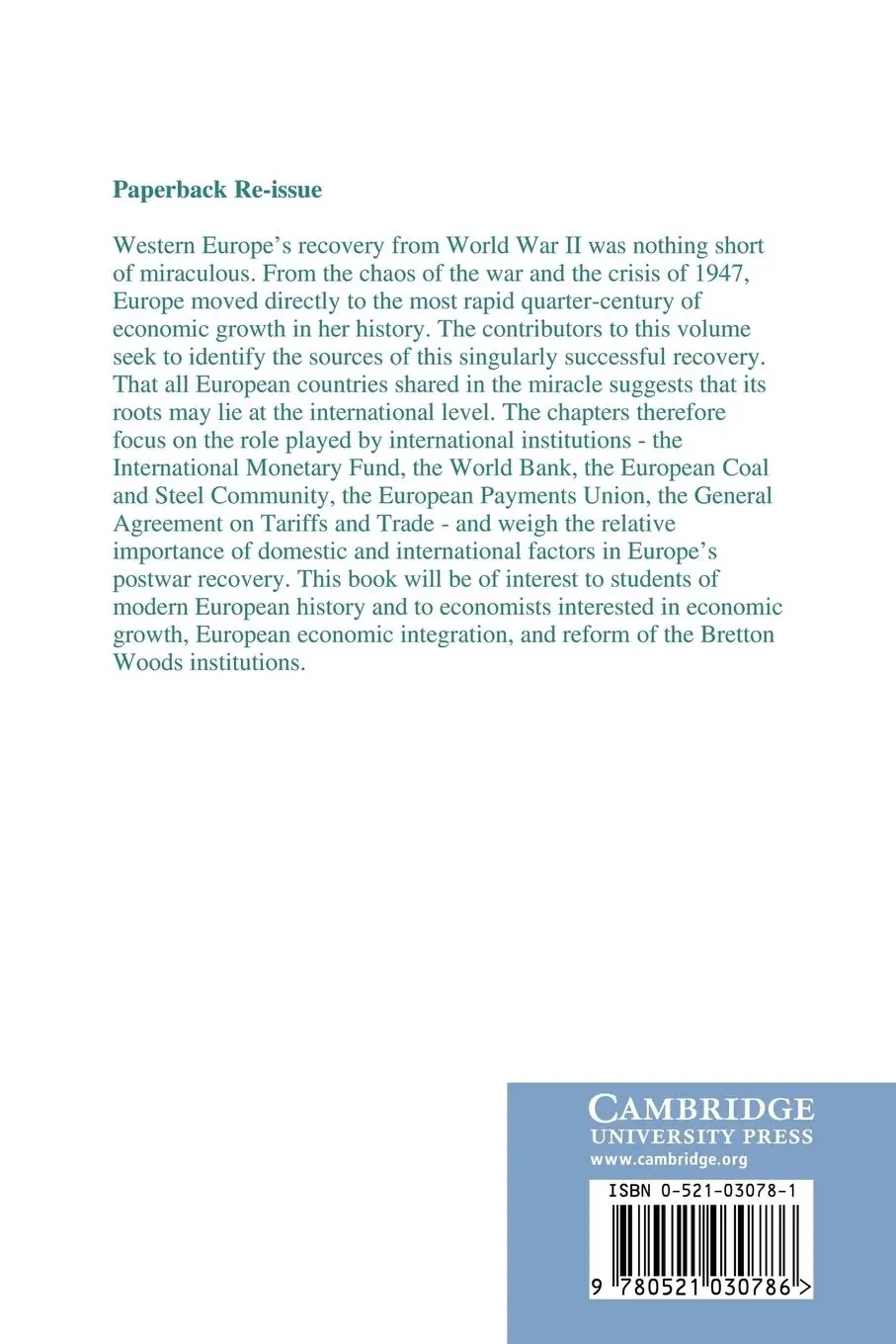 Rückseite: 9780521030786 | Europe's Postwar Recovery | Barry Eichengreen (u. a.) | Taschenbuch