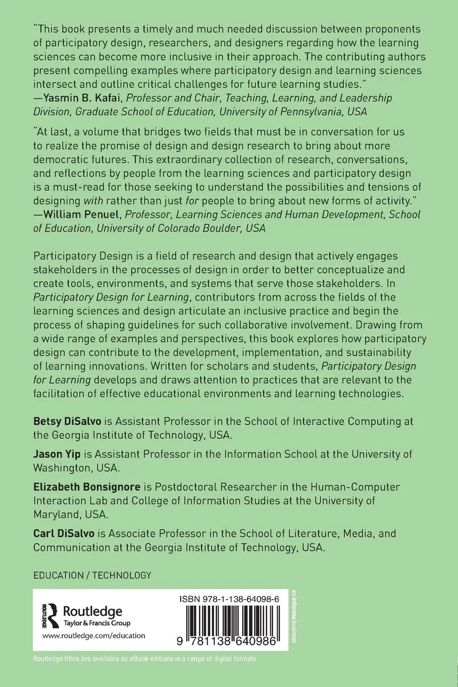 Rückseite: 9781138640986 | Participatory Design for Learning | Betsy DiSalvo (u. a.) | Buch