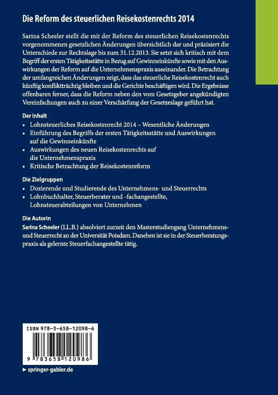 Rückseite: 9783658120986 | Die Reform des steuerlichen Reisekostenrechts 2014 | Sarina Scheeler