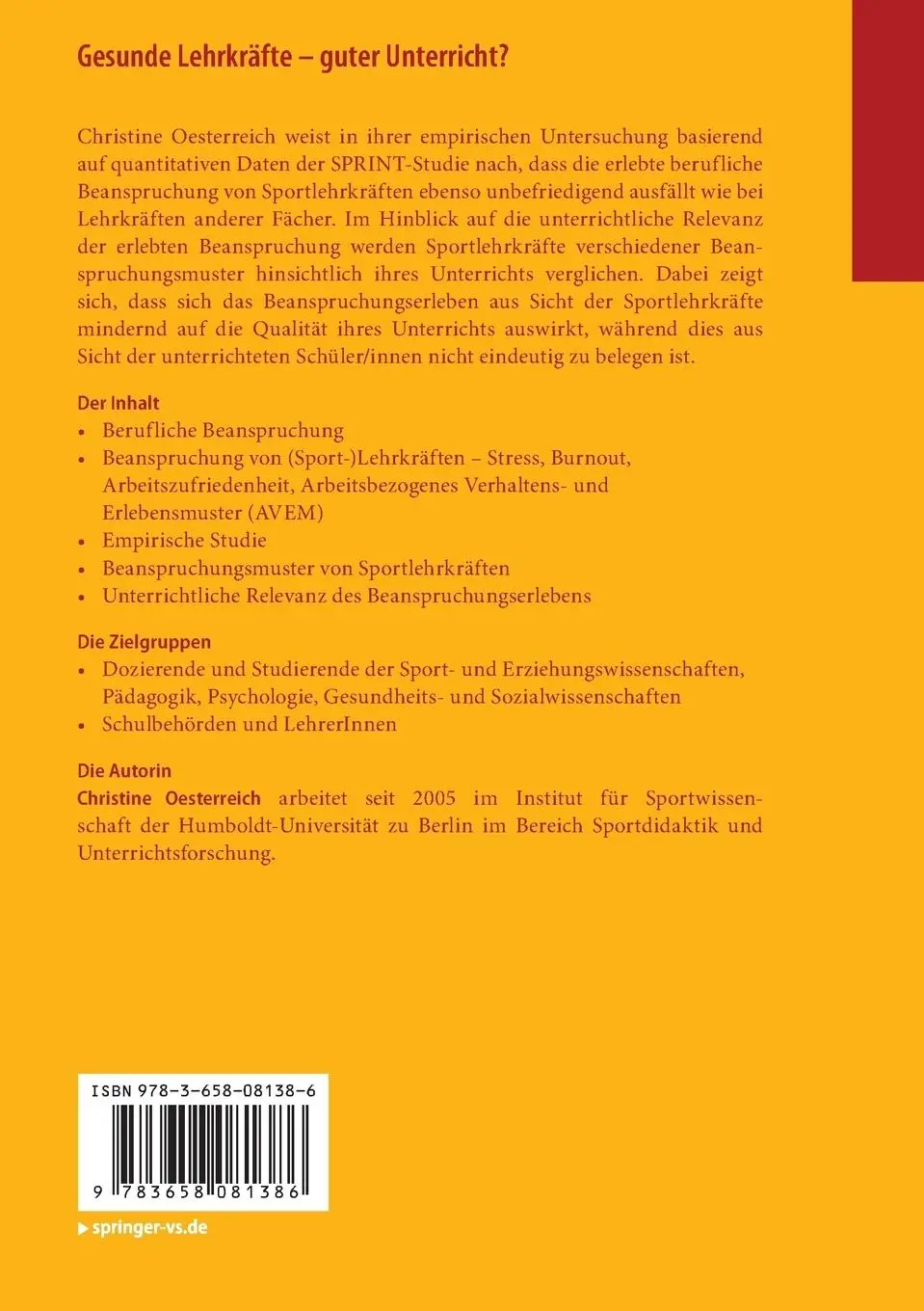 Rückseite: 9783658081386 | Gesunde Lehrkräfte - guter Unterricht? | Christine Oesterreich | Buch