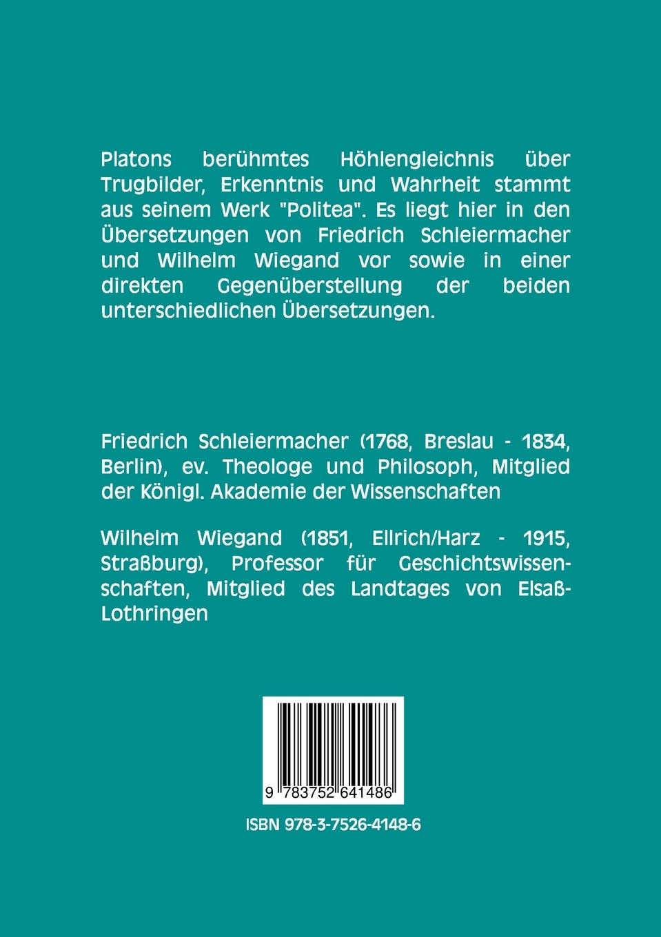 Rückseite: 9783752641486 | Das Höhlengleichnis | in zwei Übersetzungen | Platon | Taschenbuch