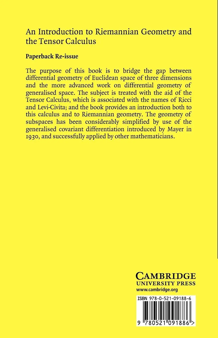 Rückseite: 9780521091886 | An Introduction to Riemannian Geometry and the Tensor Calculus | Buch