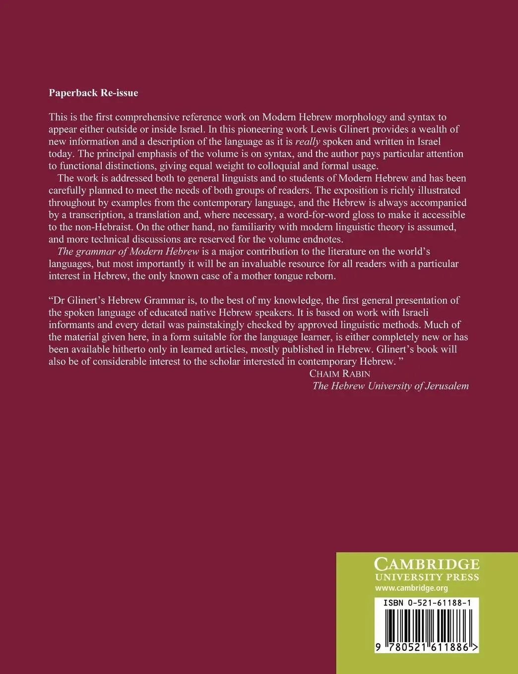 Rückseite: 9780521611886 | The Grammar of Modern Hebrew | Lewis Glinert | Taschenbuch | Englisch