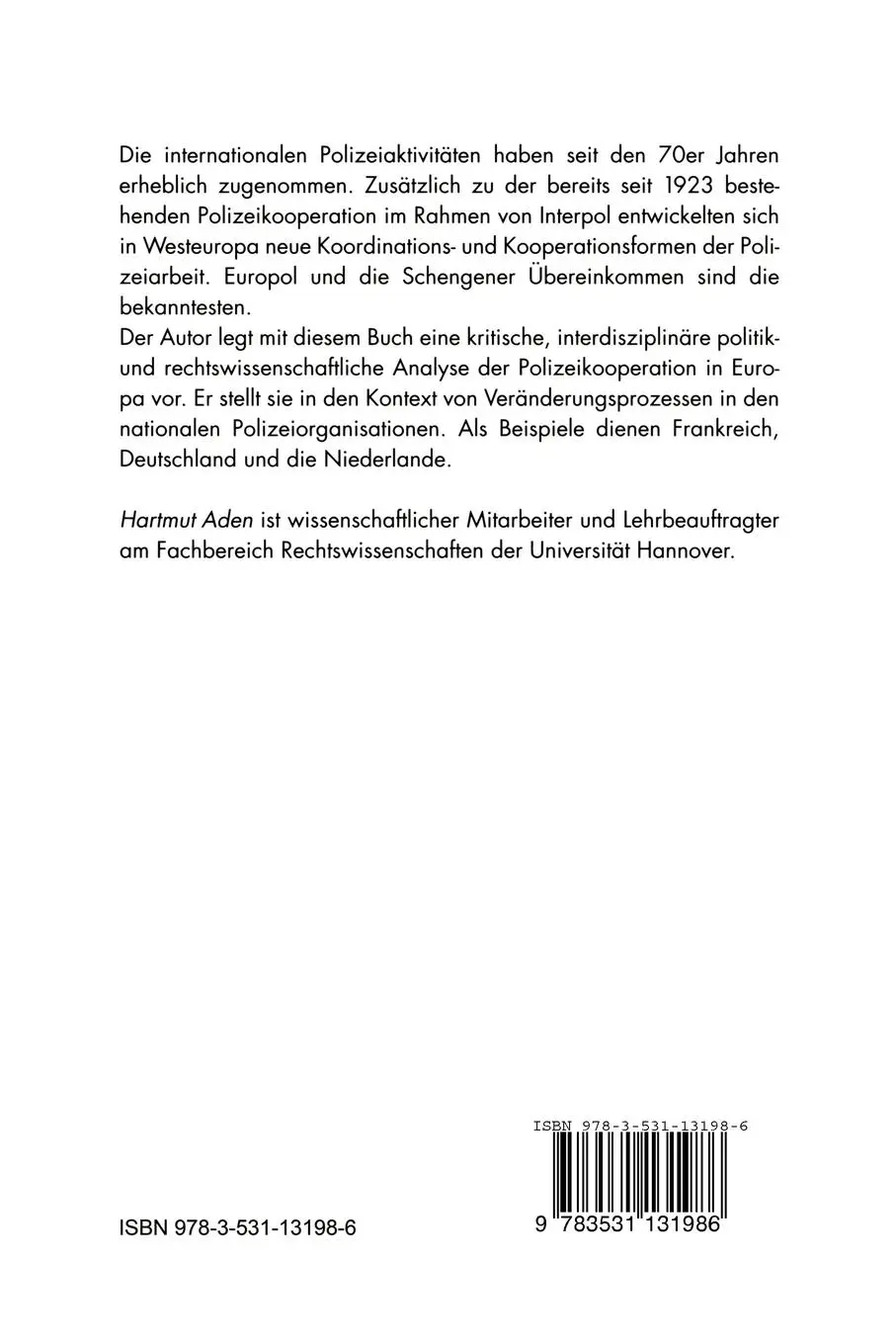 Rückseite: 9783531131986 | Polizeipolitik in Europa | Hartmut Aden | Taschenbuch | 469 S. | 1998