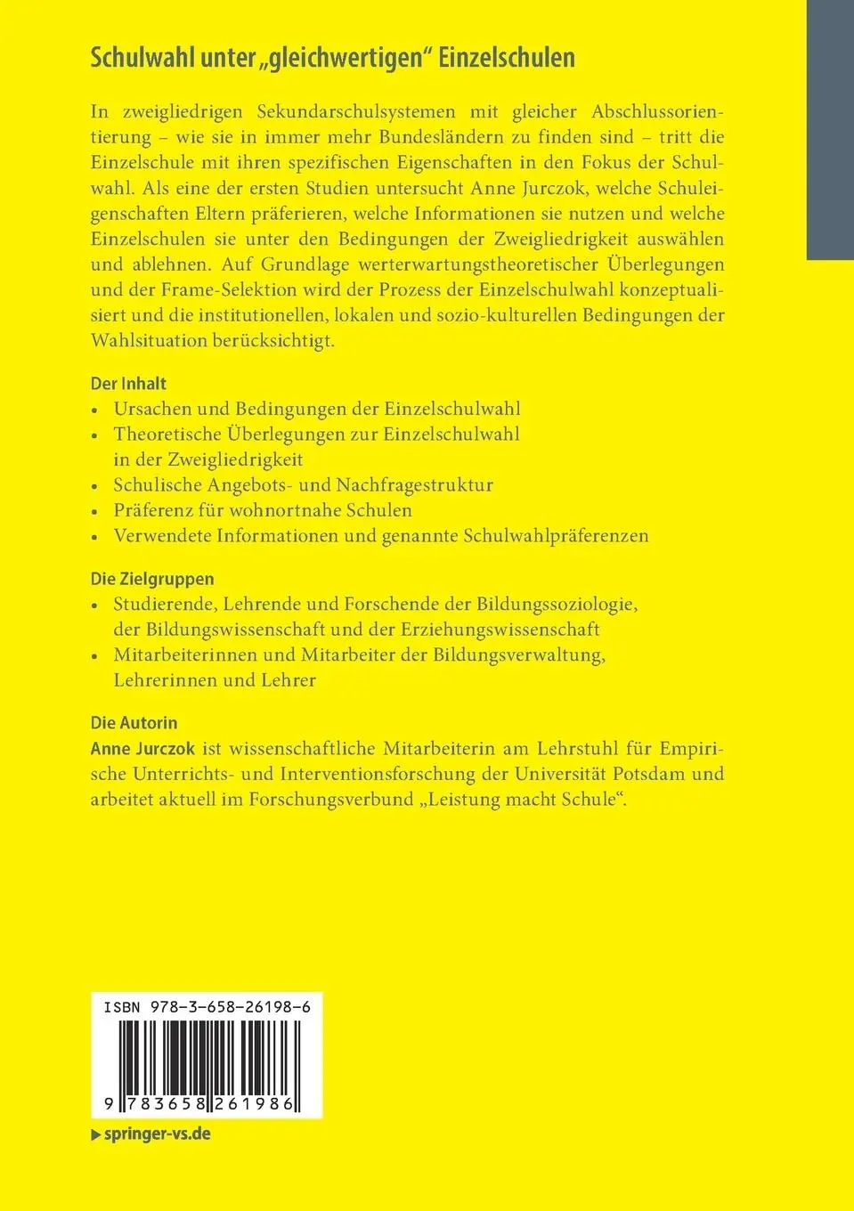 Rückseite: 9783658261986 | Schulwahl unter "gleichwertigen" Einzelschulen | Anne Jurczok | Buch