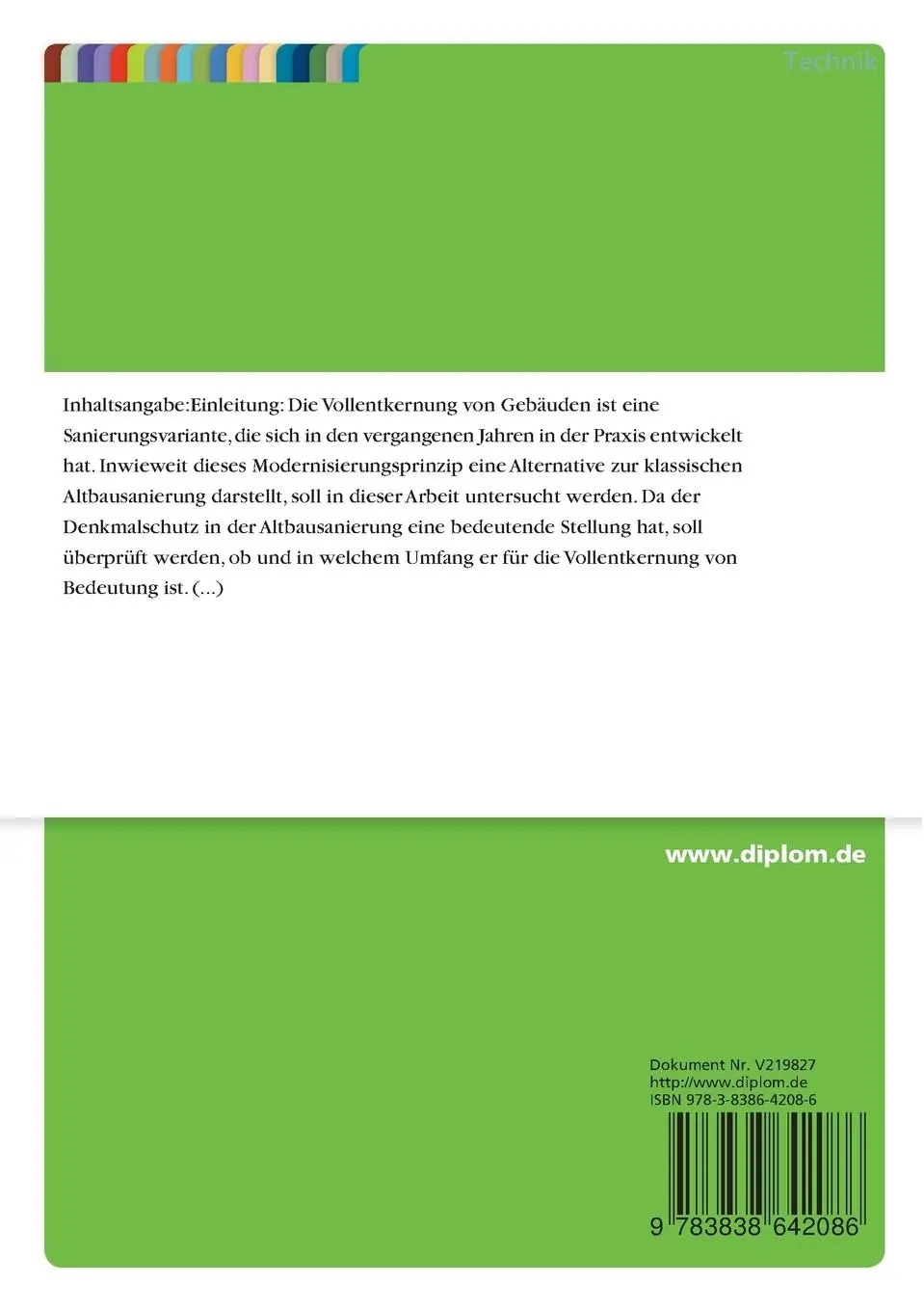 Rückseite: 9783838642086 | Sanierung von Gebäuden durch Vollentkernung | Steffen Landrock | Buch