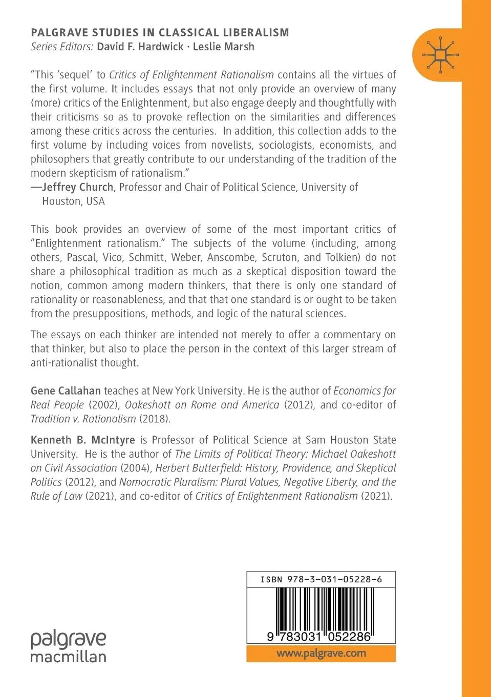 Rückseite: 9783031052286 | Critics of Enlightenment Rationalism Revisited | Gene Callahan (u. a.)