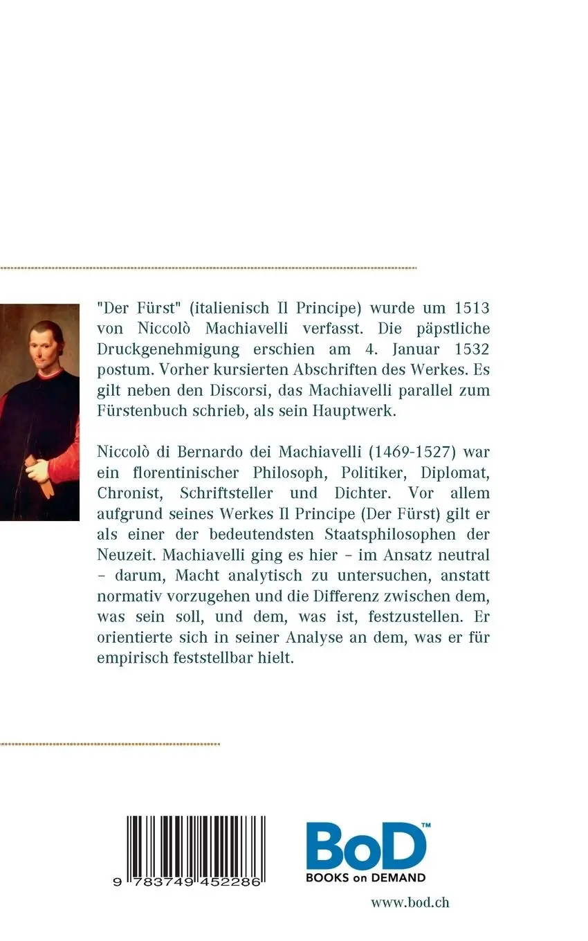 Rückseite: 9783749452286 | Der Fürst | Niccolo Machiavelli | Taschenbuch | 72 S. | Deutsch | 2019