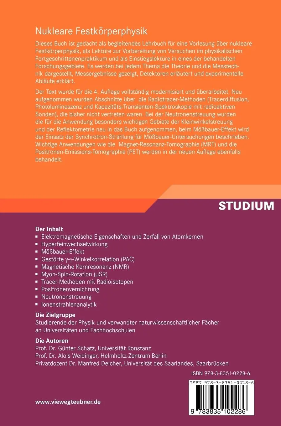 Rückseite: 9783835102286 | Nukleare Festkörperphysik | Günter Schatz (u. a.) | Buch | ii | 2010