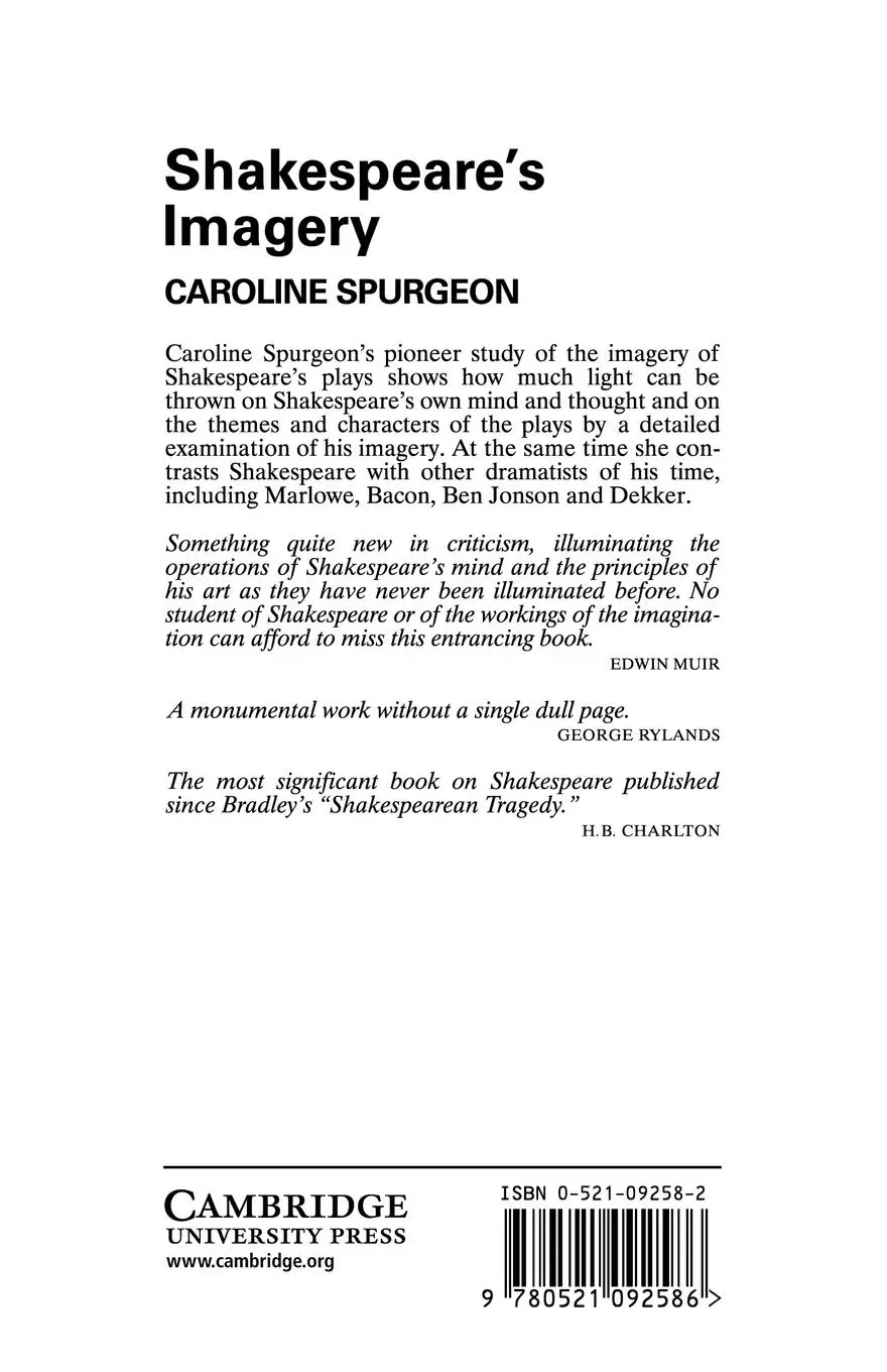 Rückseite: 9780521092586 | Shakespeare's Imagery | Caroline Frances Eleanor Spurgeon (u. a.)
