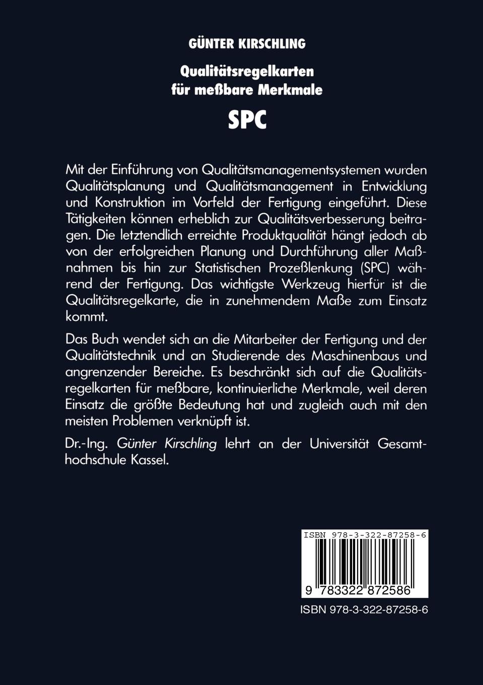 Rückseite: 9783322872586 | Qualitätsregelkarten für meßbare Merkmale - SPC | Günter Kirschling