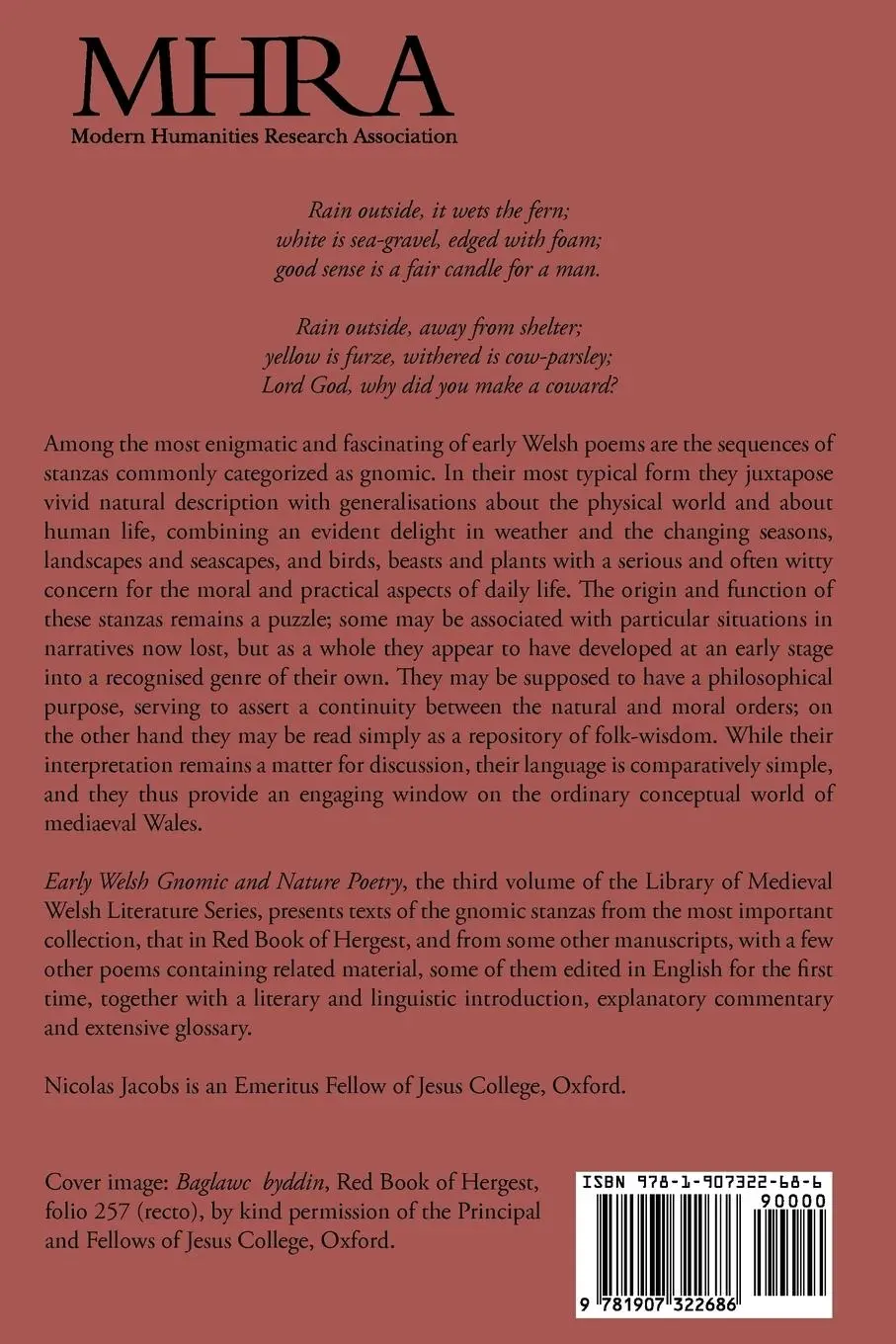 Rückseite: 9781907322686 | Early Welsh Gnomic and Nature Poetry | Nicolas Jacobs | Taschenbuch