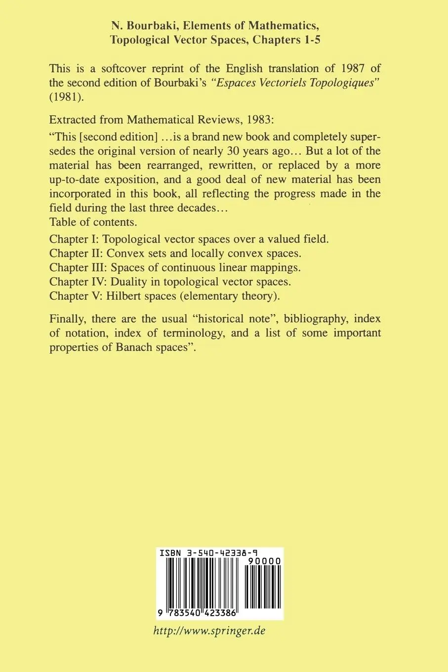 Rückseite: 9783540423386 | Topological Vector Spaces | Chapters 1-5 | N. Bourbaki | Taschenbuch
