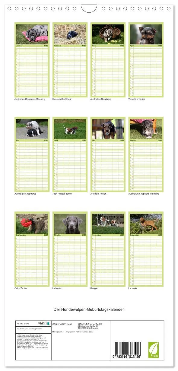 Bild: 9783516513486 | Familienplaner 2026 - Der Hundewelpen-Geburtstagskalender mit 5...