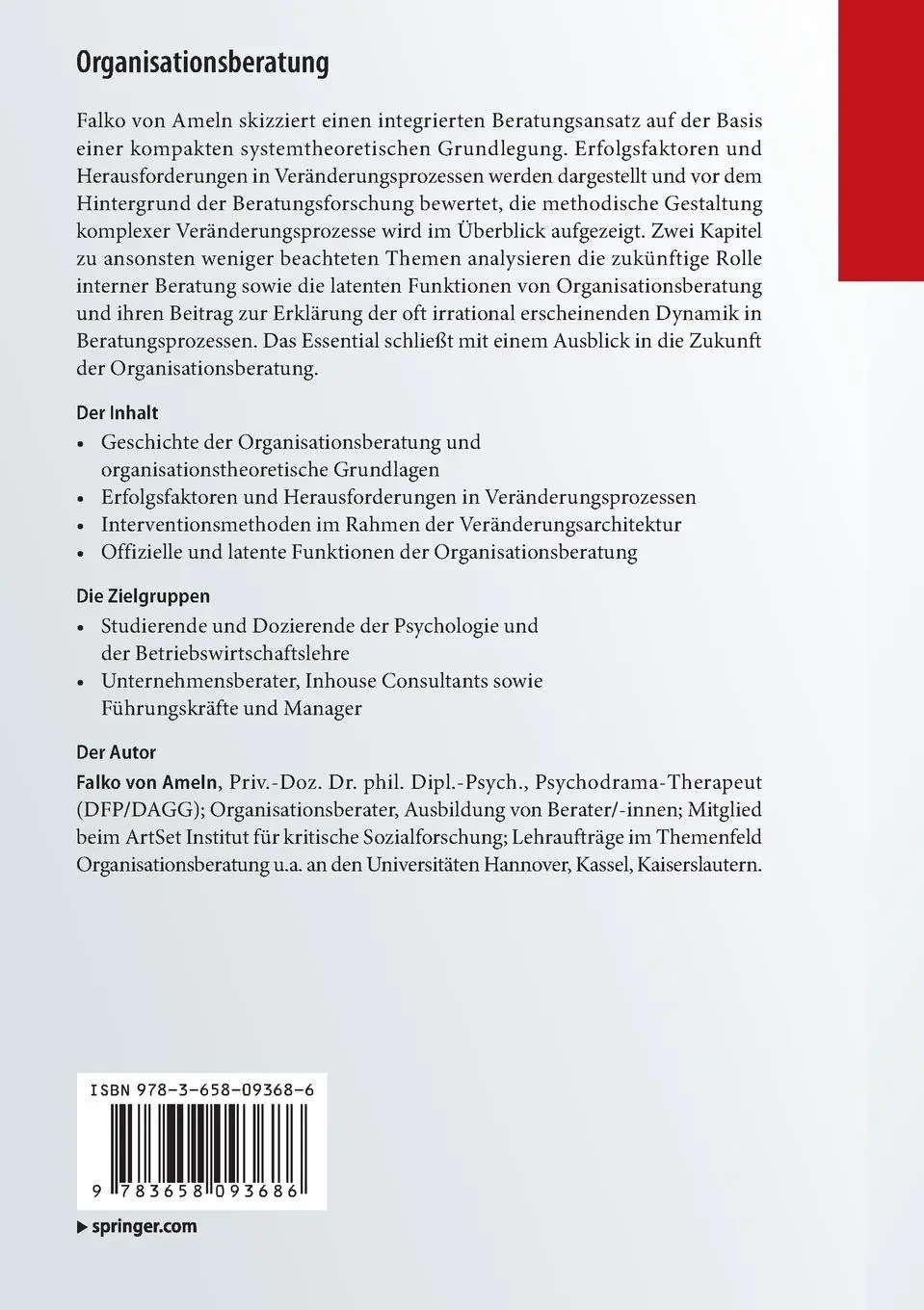 Rückseite: 9783658093686 | Organisationsberatung | Falko Von Ameln | Taschenbuch | vii | Deutsch