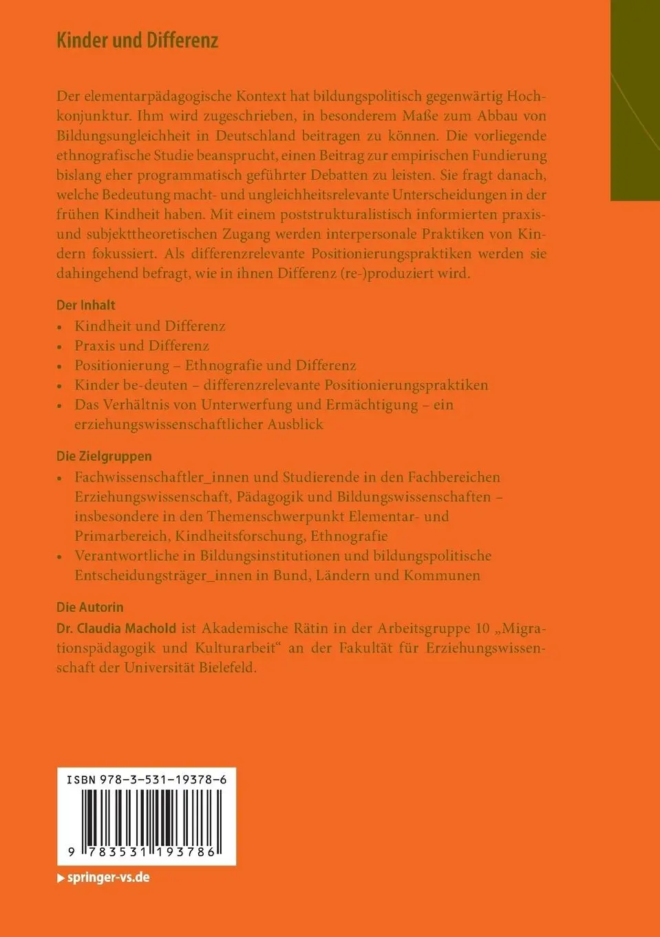 Rückseite: 9783531193786 | Kinder und Differenz | Claudia Machold | Taschenbuch | xii | Deutsch
