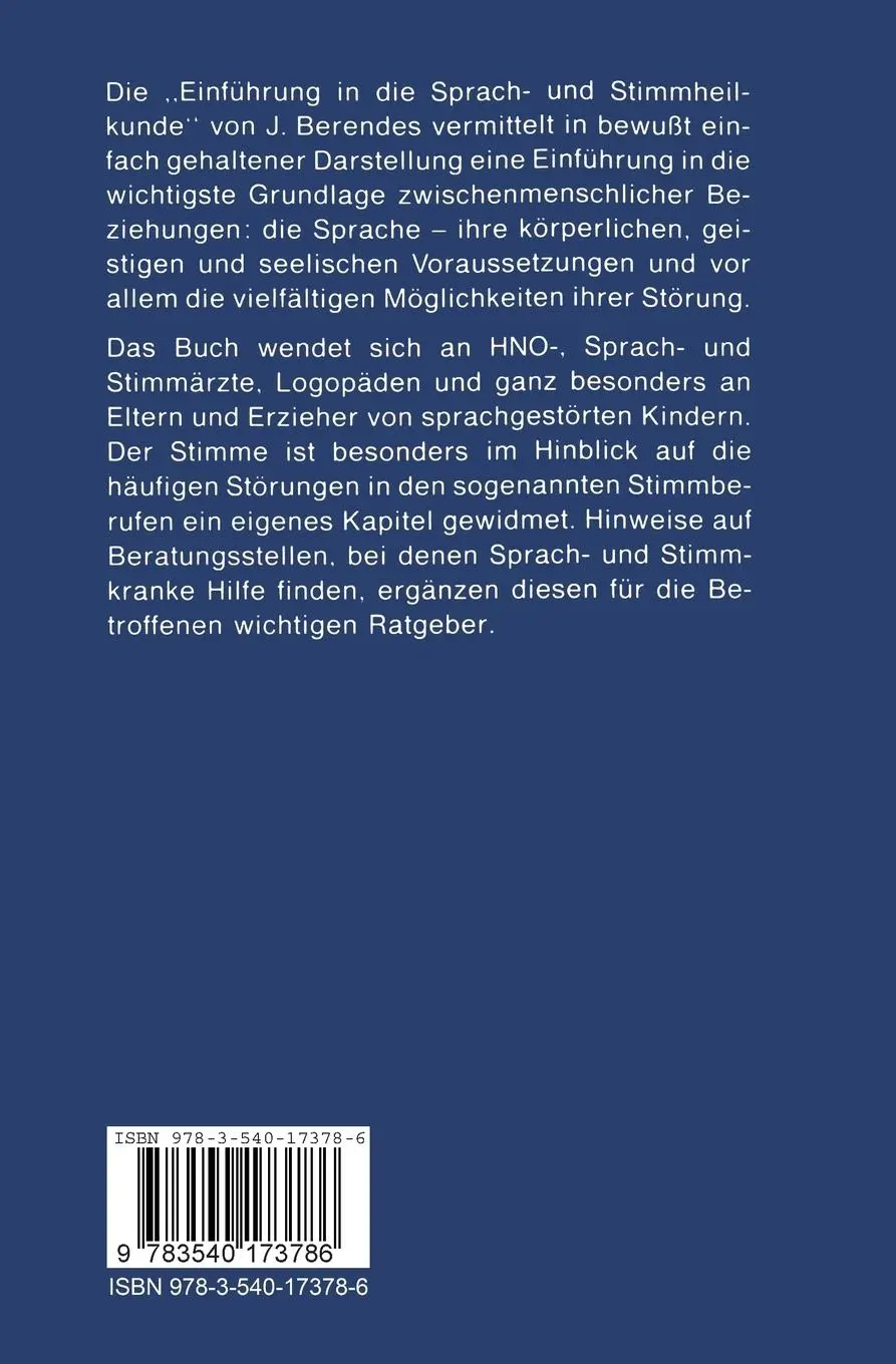 Rückseite: 9783540173786 | Einführung in die Sprach-und Stimmheilkunde | Julius Berendes | Buch