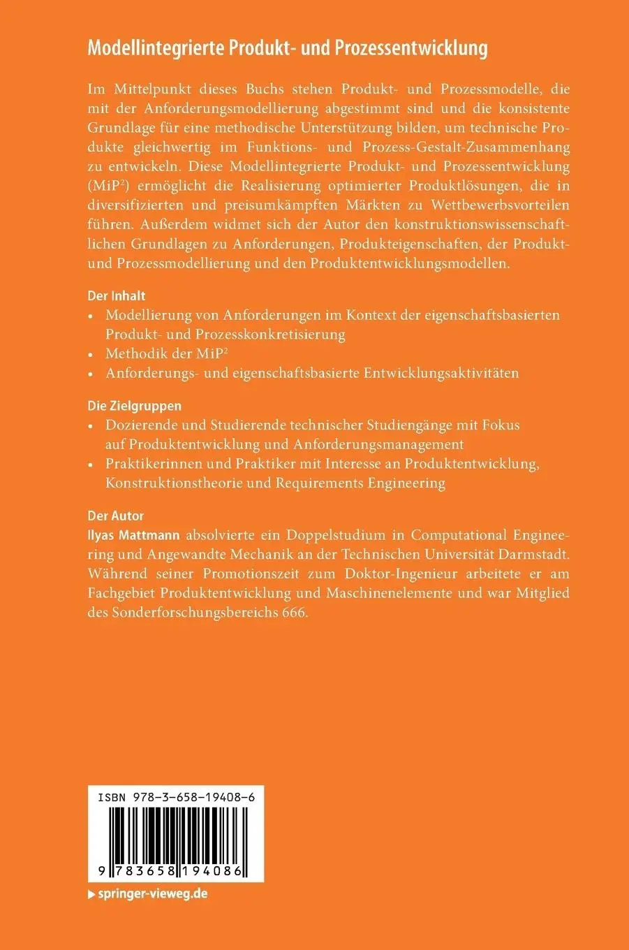 Rückseite: 9783658194086 | Modellintegrierte Produkt- und Prozessentwicklung | Ilyas Mattmann