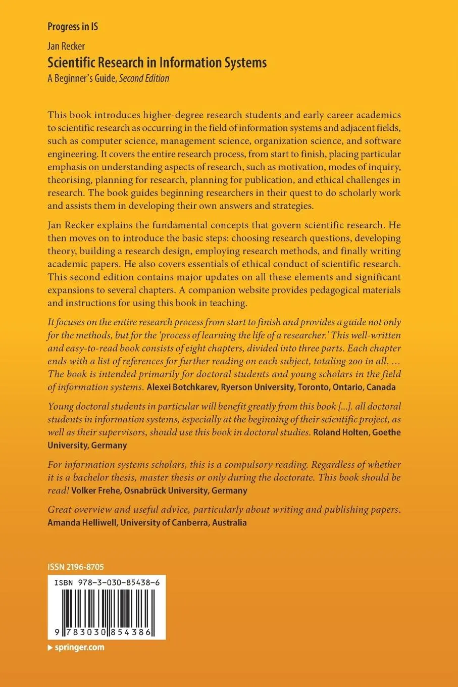 Rückseite: 9783030854386 | Scientific Research in Information Systems | A Beginner's Guide | Buch