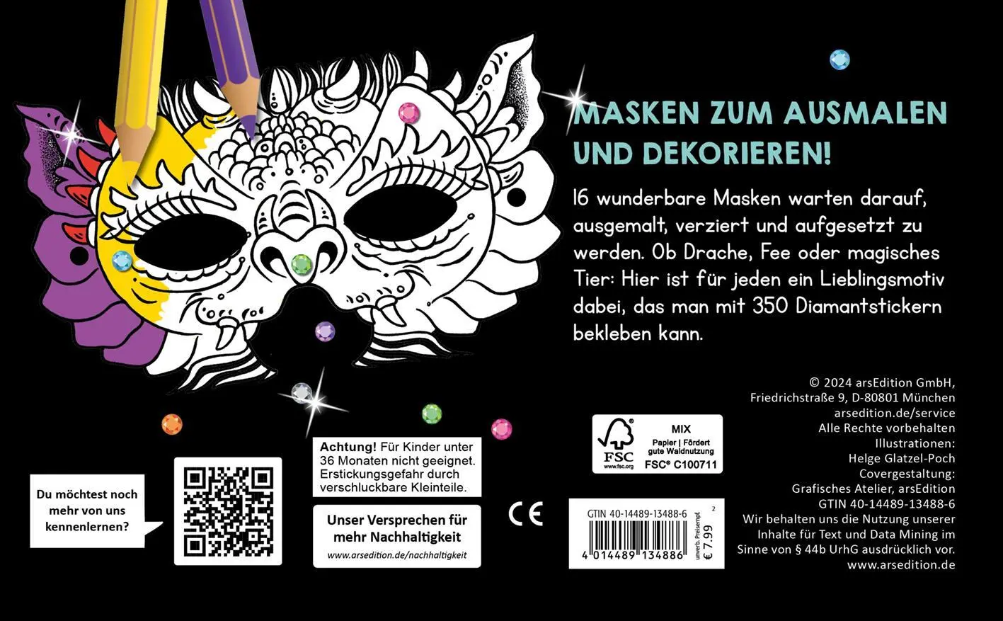 Rückseite: 4014489134886 | Diamantmasken - Zauberwesen | Ausmalen, bestickern, losfunkeln! | Buch