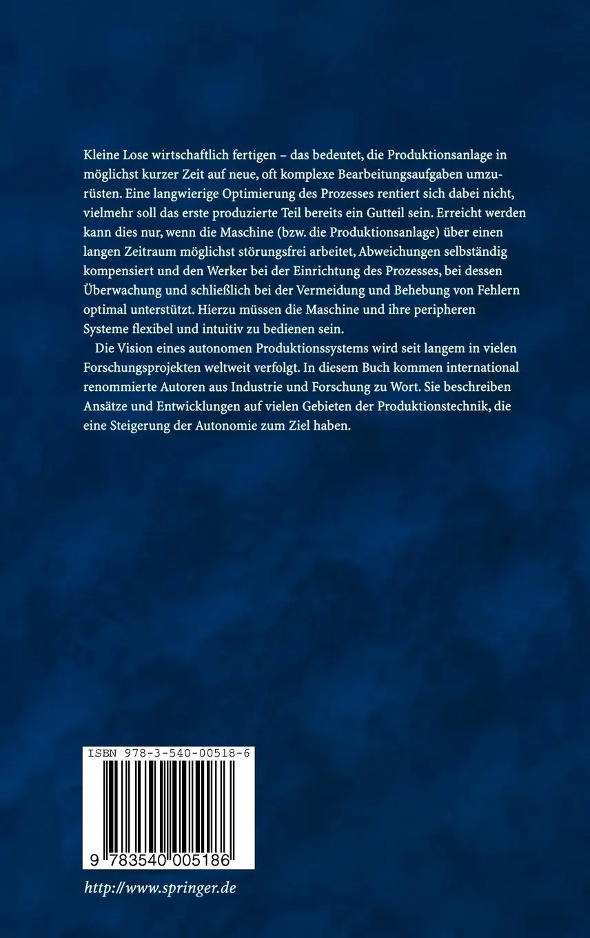 Rückseite: 9783540005186 | Autonome Produktion | Günter Pritschow | Buch | xvi | Deutsch | 2003