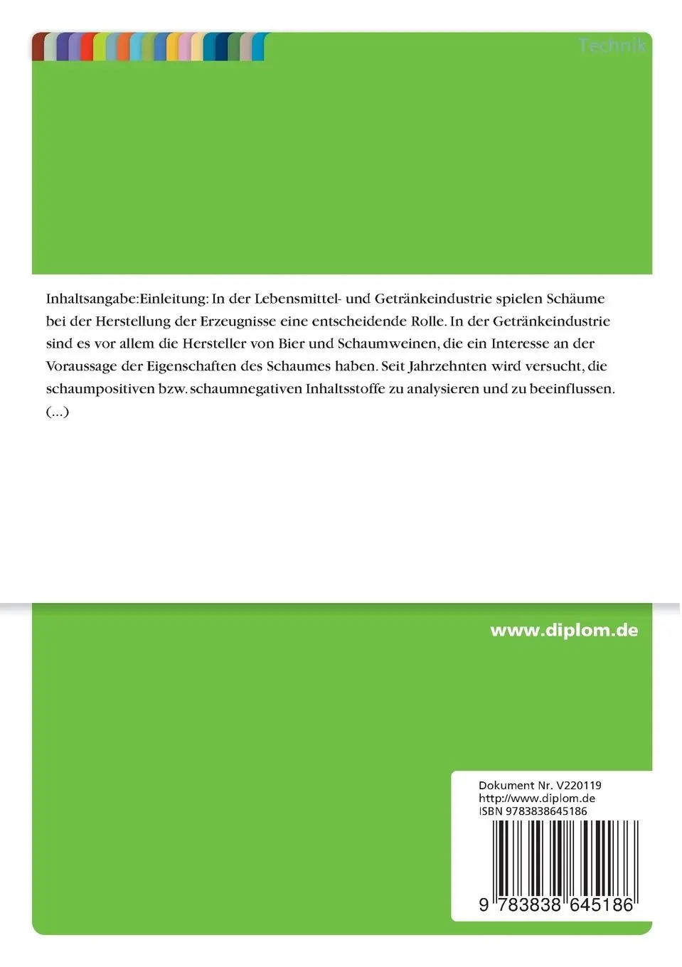 Rückseite: 9783838645186 | Einfluß der Oberflächenspannung auf das Schäumen von Getränken | Buch