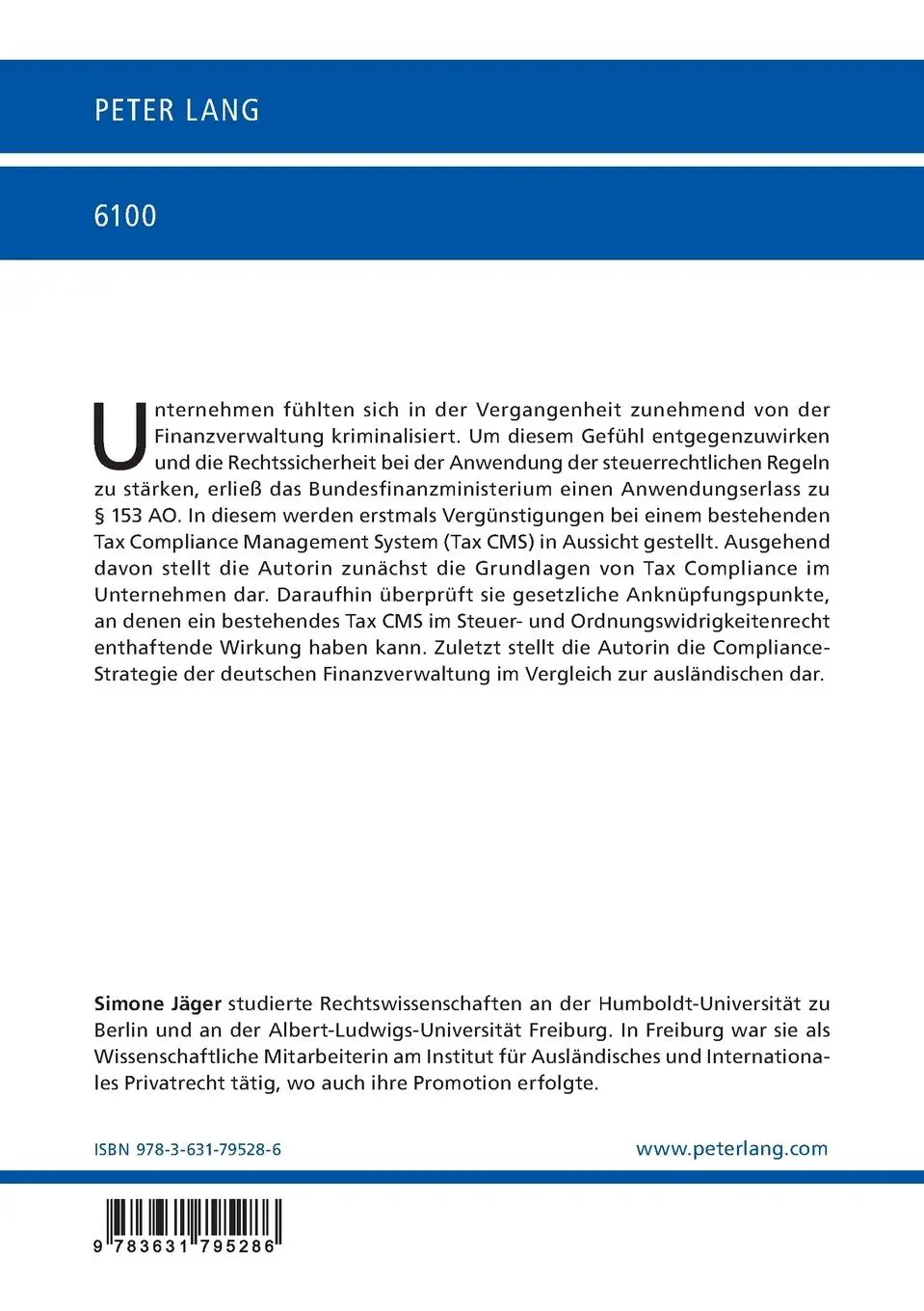 Rückseite: 9783631795286 | Tax Compliance | Herleitung, Organisation, Funktion | Simone Jäger