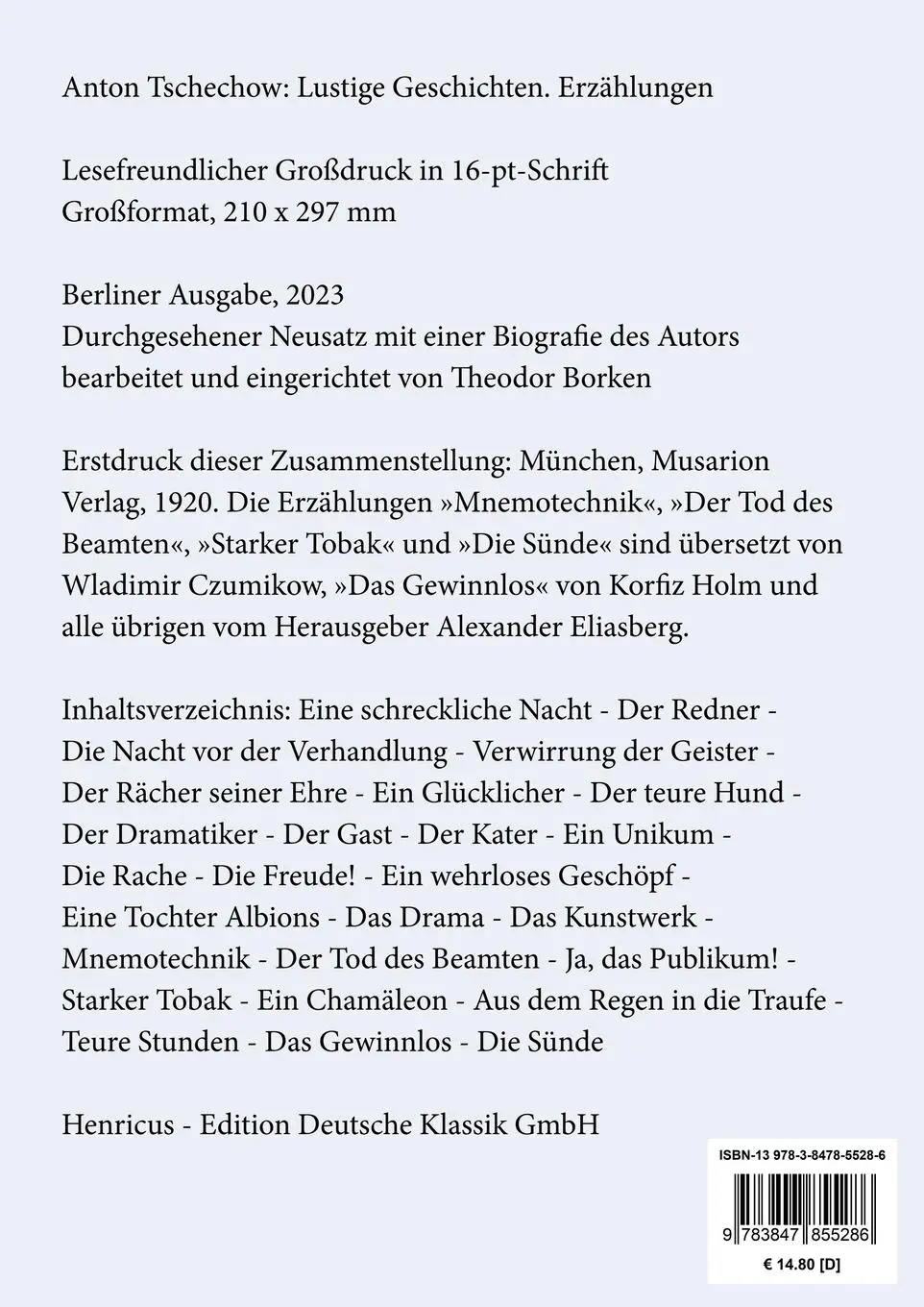 Rückseite: 9783847855286 | Lustige Geschichten (Großdruck) | Erzählungen | Anton Tschechow | Buch