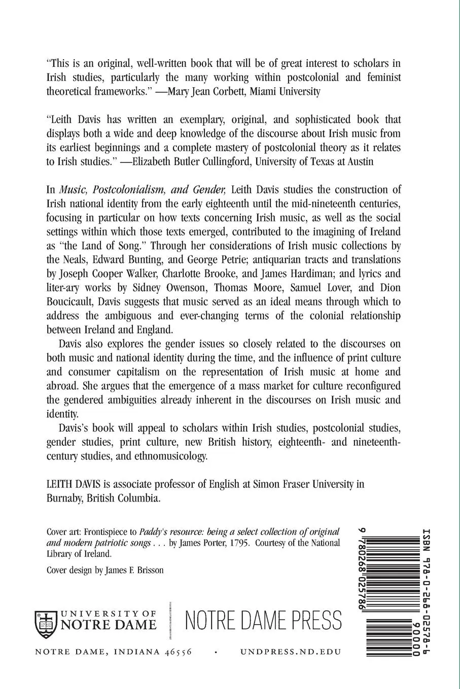 Rückseite: 9780268025786 | Music, Postcolonialism, and Gender | Leith Davis | Taschenbuch | 2005