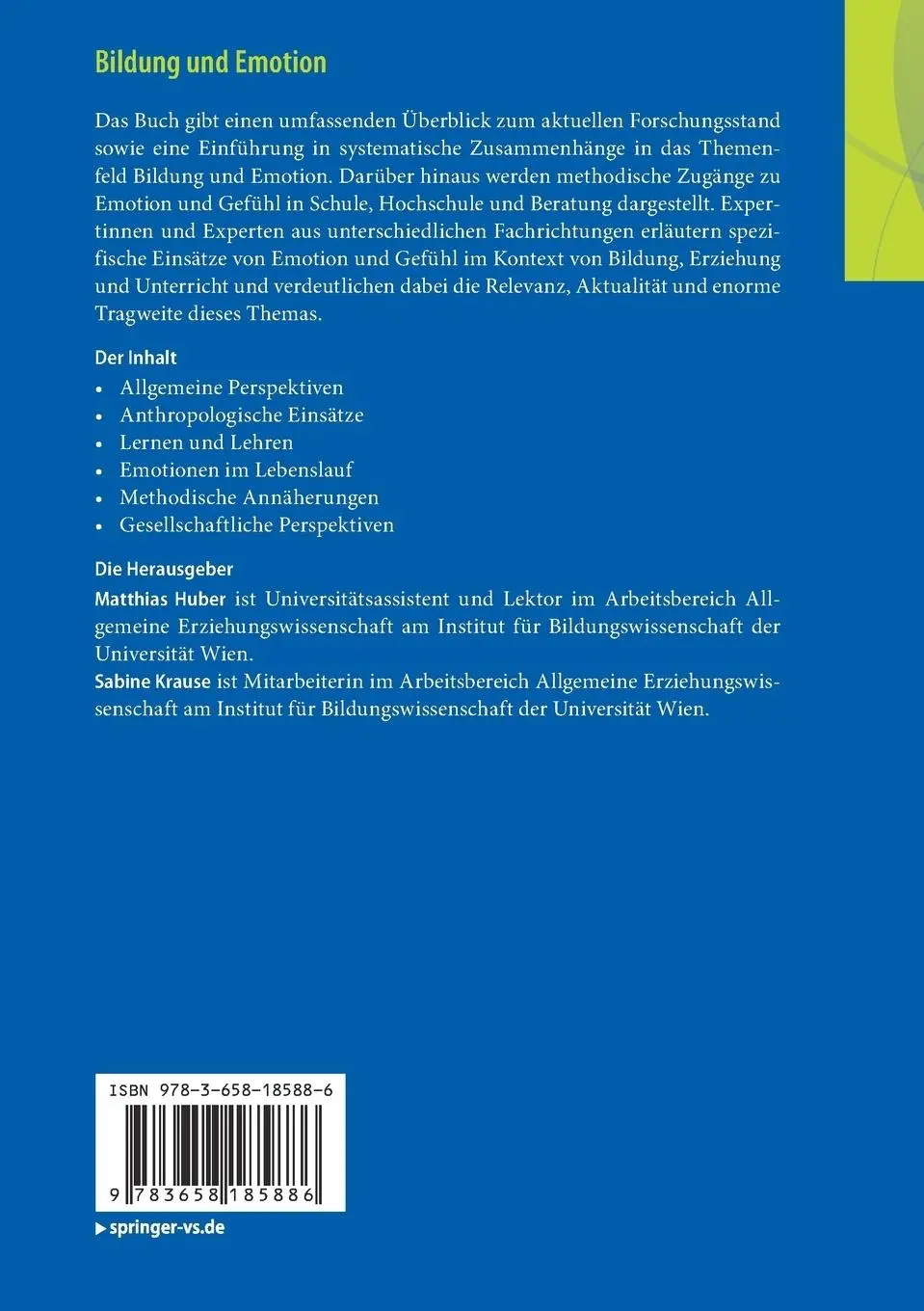 Rückseite: 9783658185886 | Bildung und Emotion | Sabine Krause (u. a.) | Taschenbuch | x | 2017