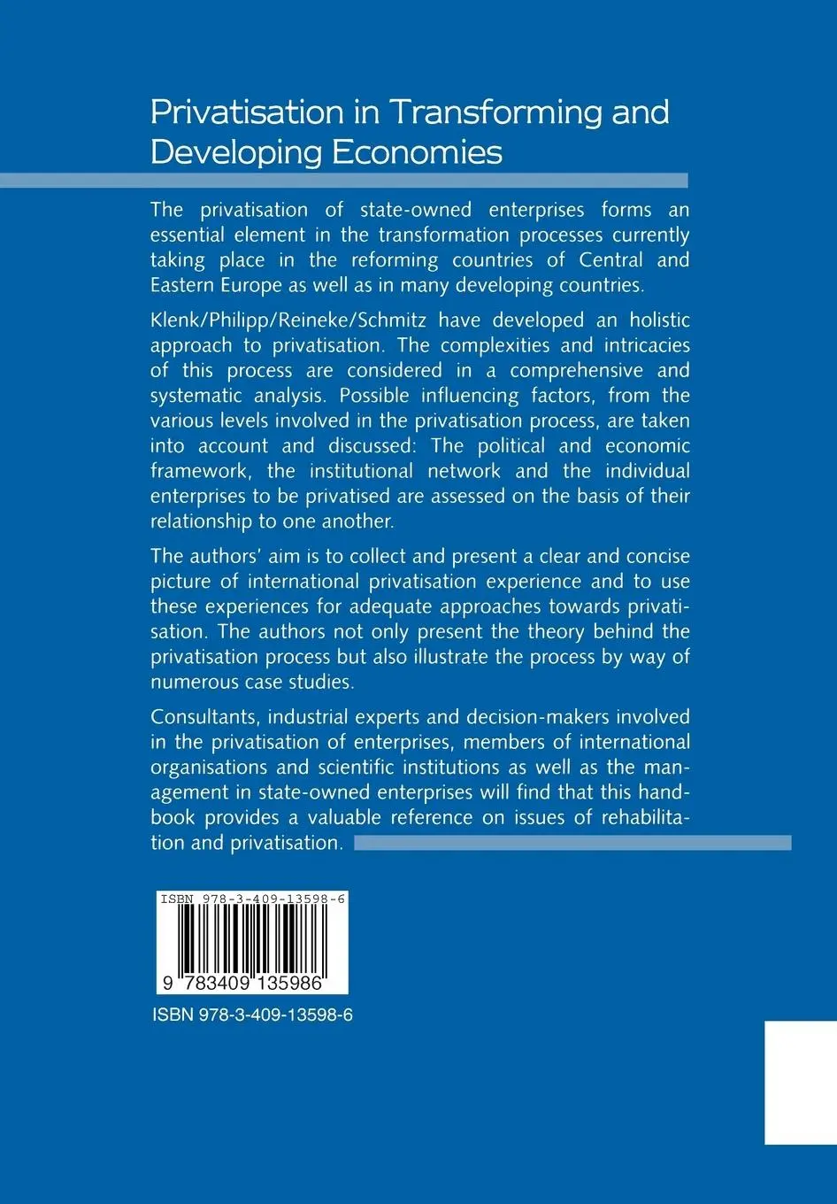 Rückseite: 9783409135986 | Privatisation in Transforming and Developing Economies | Klenk (u. a.)