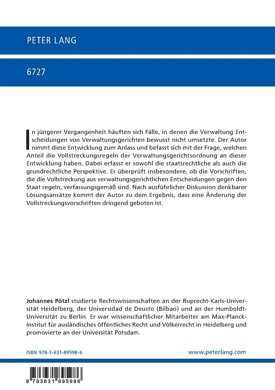 Rückseite: 9783631895986 | Verwaltungsgerichtliche Zwangsvollstreckung gegen den Staat als...