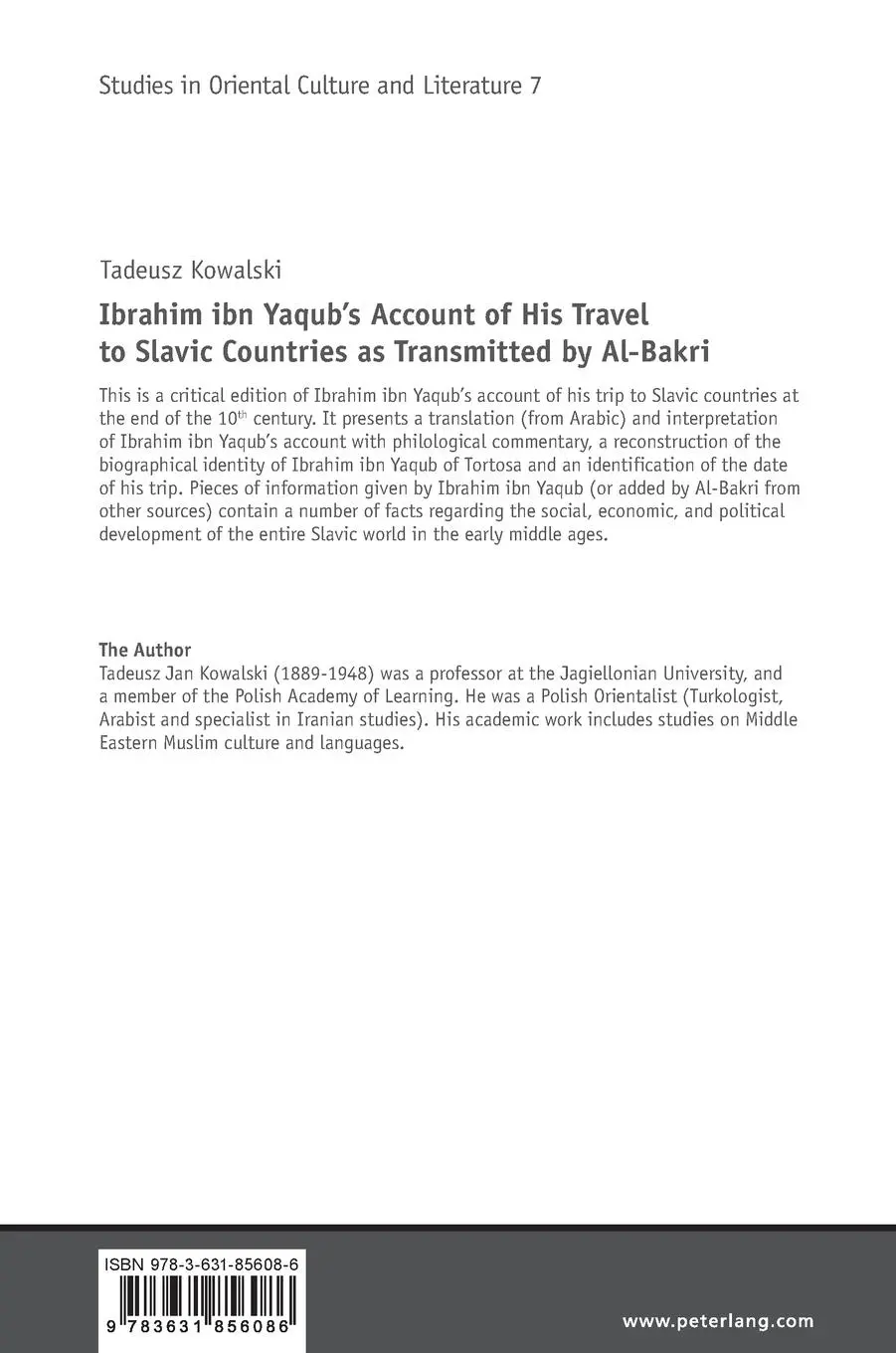 Rückseite: 9783631856086 | Ibrahim ibn Yaqub¿s Account of His Travel to Slavic Countries as...