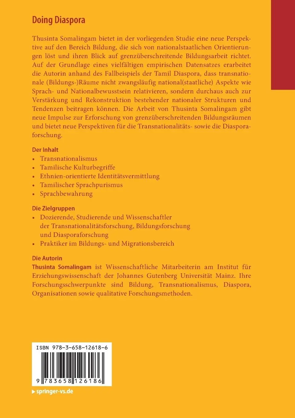 Rückseite: 9783658126186 | Doing Diaspora | Thusinta Somalingam | Taschenbuch | xi | Deutsch