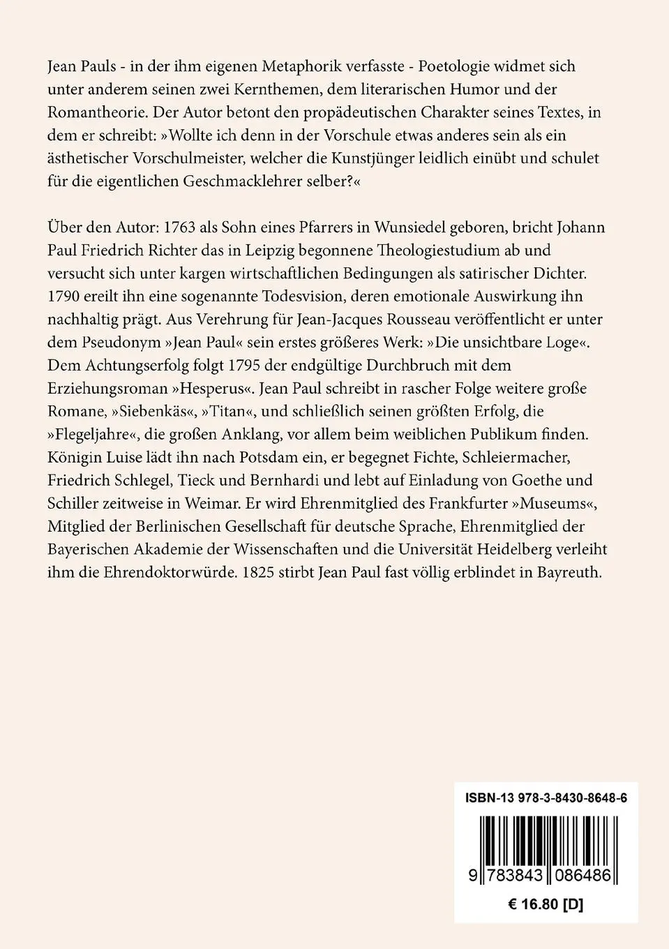 Rückseite: 9783843086486 | Vorschule der Ästhetik | Jean Paul | Taschenbuch | 472 S. | Deutsch