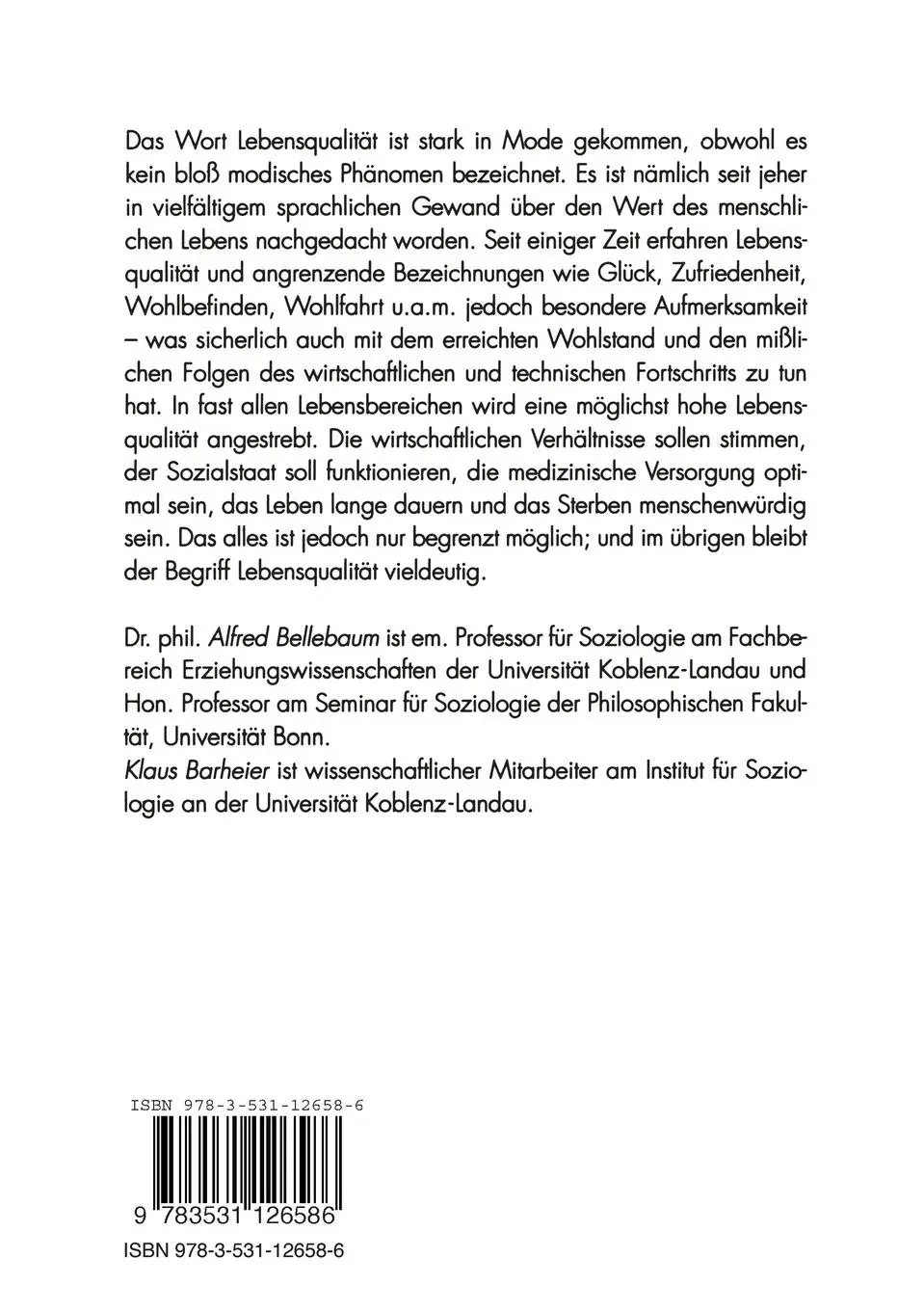 Rückseite: 9783531126586 | Lebensqualität | Ein Konzept für Praxis und Forschung | Taschenbuch